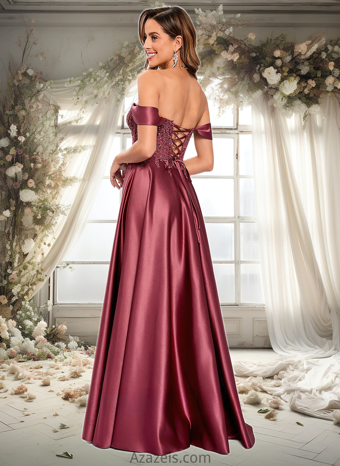 Jolie A-line Off the Shoulder Floor-Length Satin Lace Prom Dresses With Sequins DFP0025841