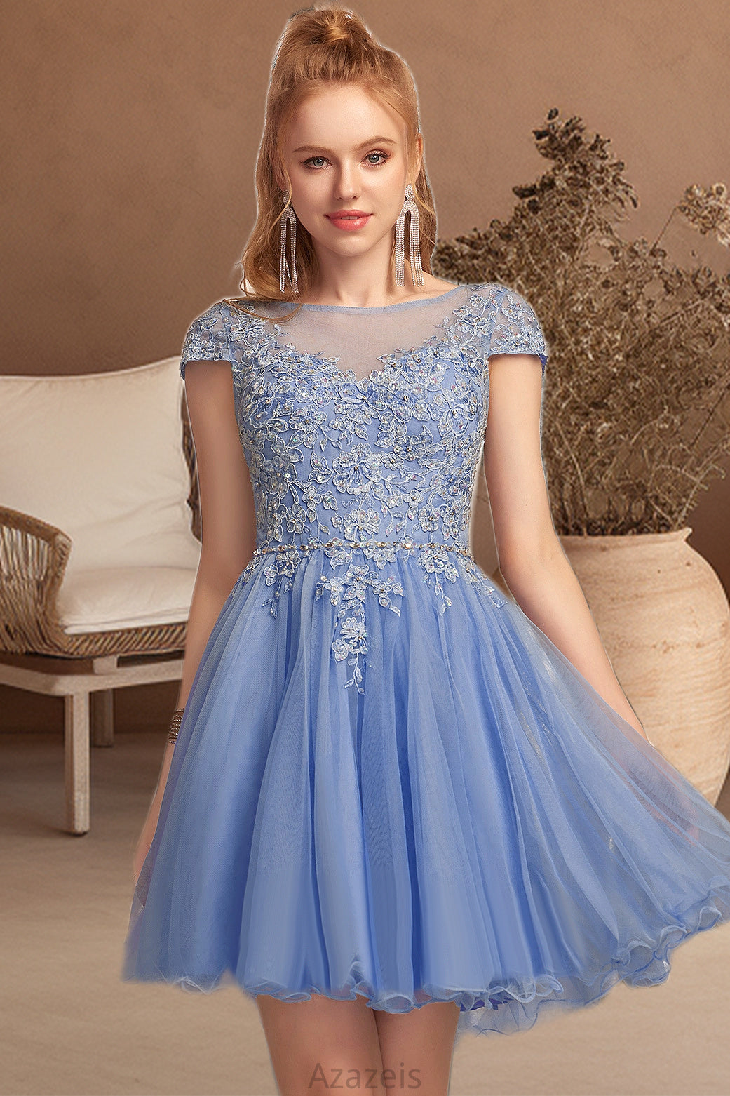 Rebecca A-line Scoop Short/Mini Tulle Homecoming Dress With Beading Appliques Lace DFP0020547