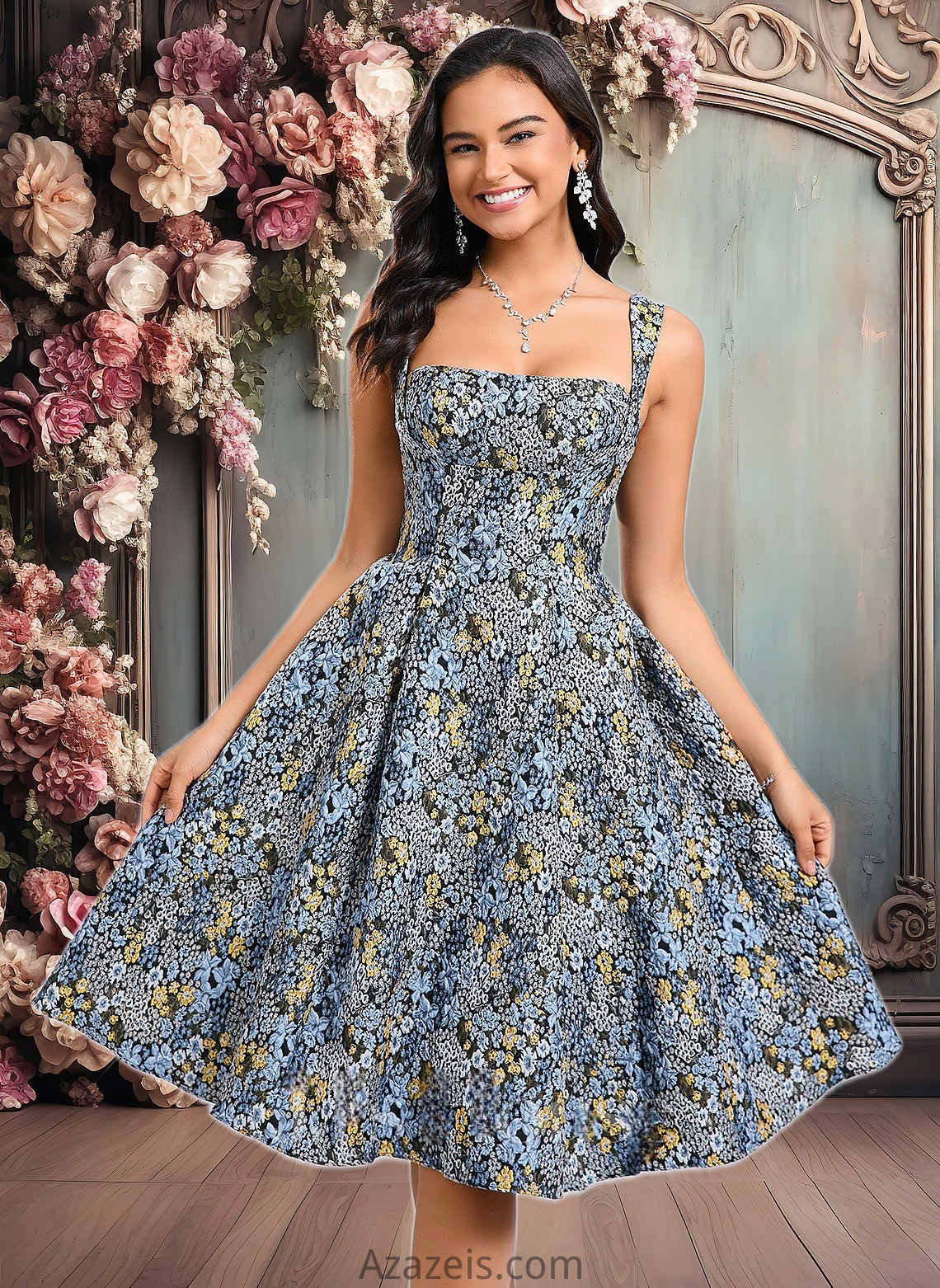 Adriana A-line Square Knee-Length Jacquard Homecoming Dress With Bow DFP0025687