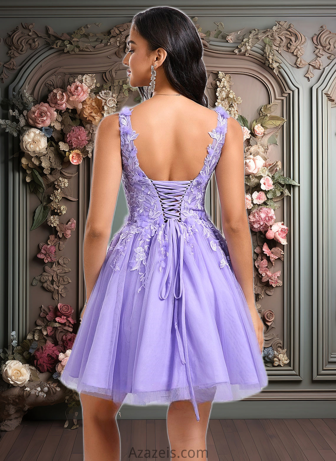 Kiara Ball-Gown/Princess V-Neck Short Lace Tulle Homecoming Dress With Flower DFP0025656