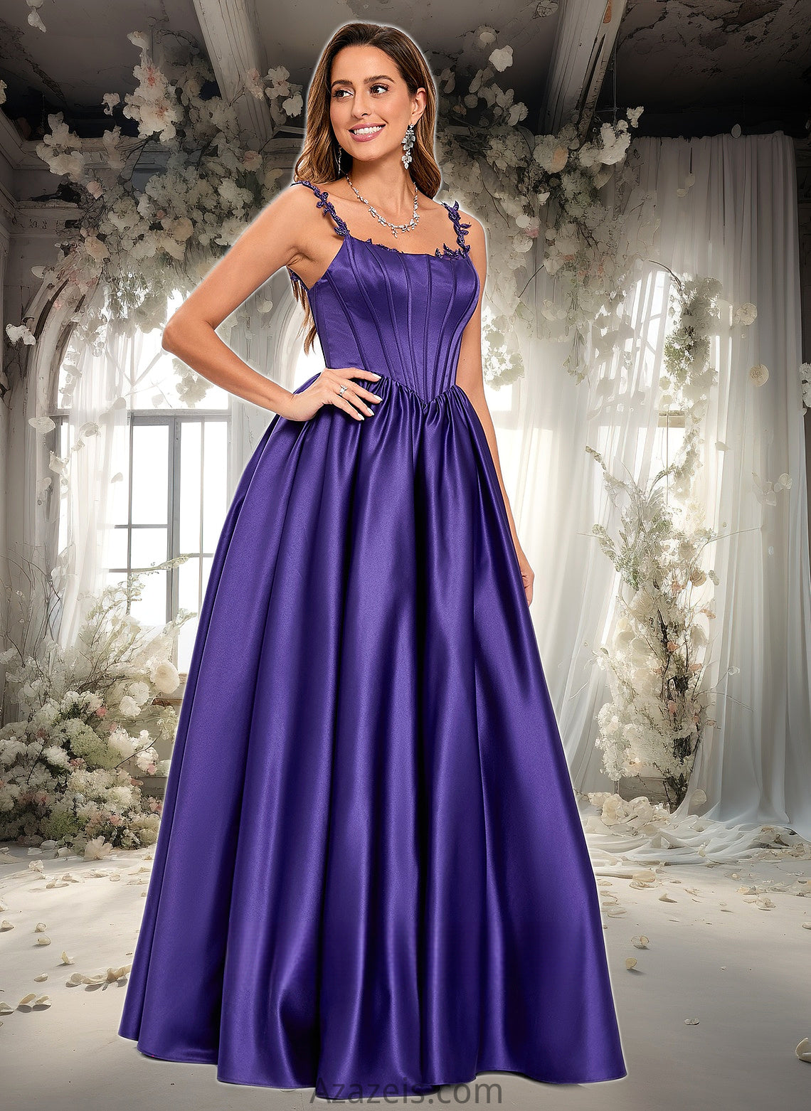 Yaritza Ball-Gown/Princess Scoop Floor-Length Satin Prom Dresses With Appliques Lace Beading DFP0025865