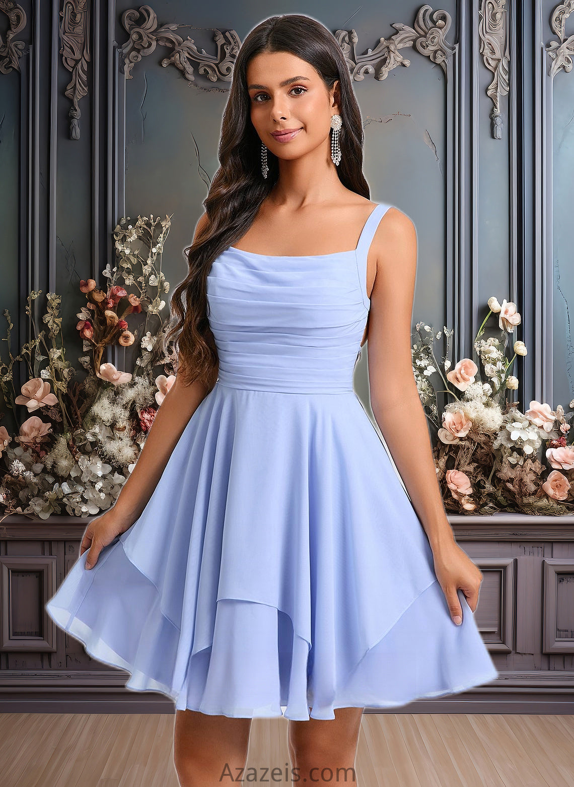 Jode A-line Scoop Short Chiffon Homecoming Dress With Pleated DFP0025654