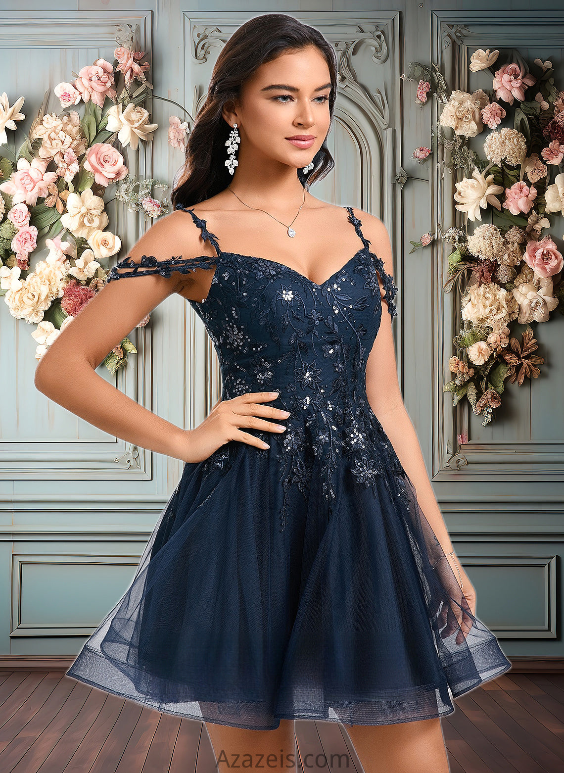 Trinity A-line V-Neck Short Tulle Lace Homecoming Dress With Sequins DFP0025642