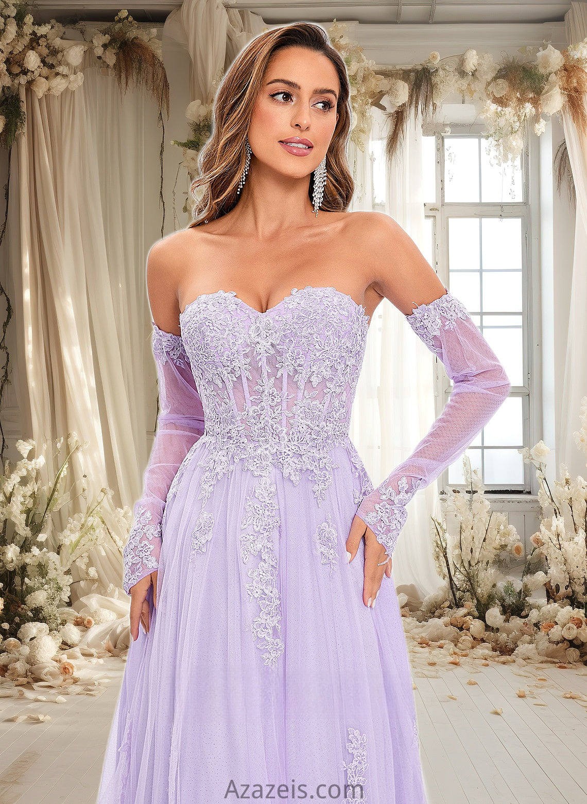 Kara A-line Sweetheart Sweep Train Tulle Prom Dresses With Sequins Appliques Lace DFP0025856