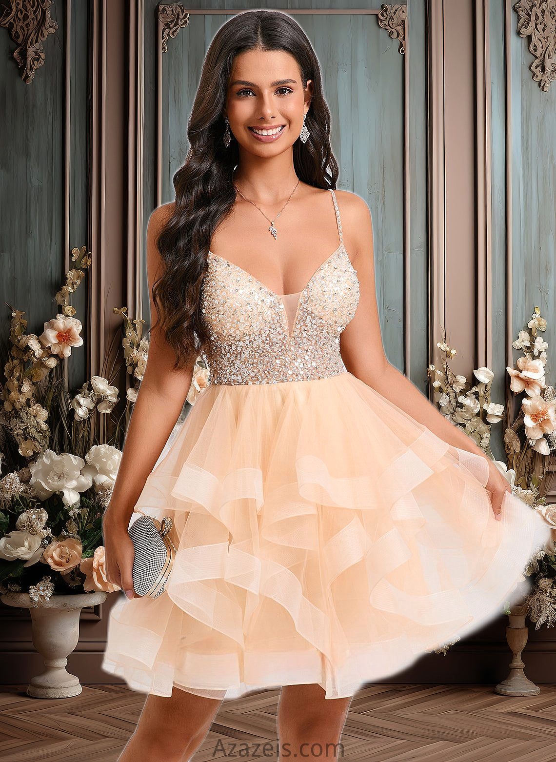 Bridget Ball-Gown/Princess V-Neck Short Tulle Homecoming Dress With Beading Sequins DFP0025646