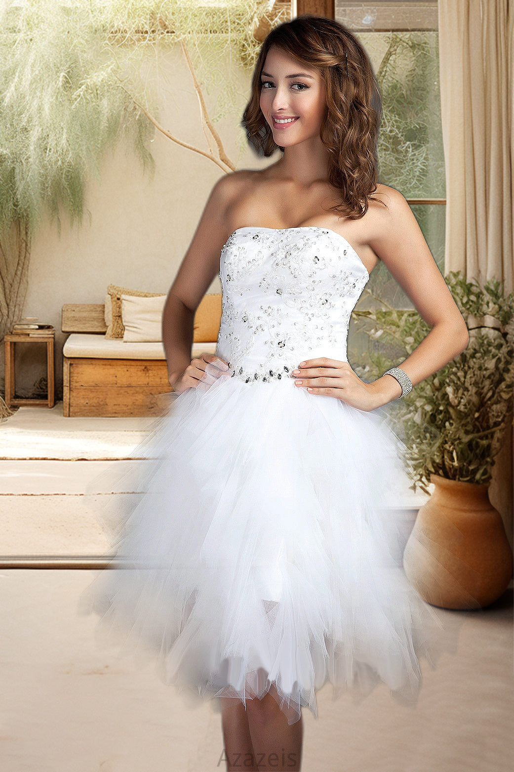 Delilah A-line Sweetheart Knee-Length Satin Tulle Homecoming Dress With Beading Cascading Ruffles Appliques Lace Sequins DFP0020598