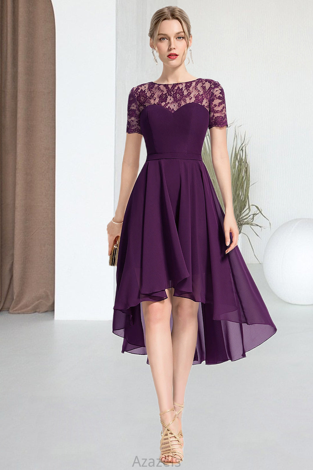 Ruby A-line Scoop Asymmetrical Chiffon Lace Homecoming Dress DFP0020587