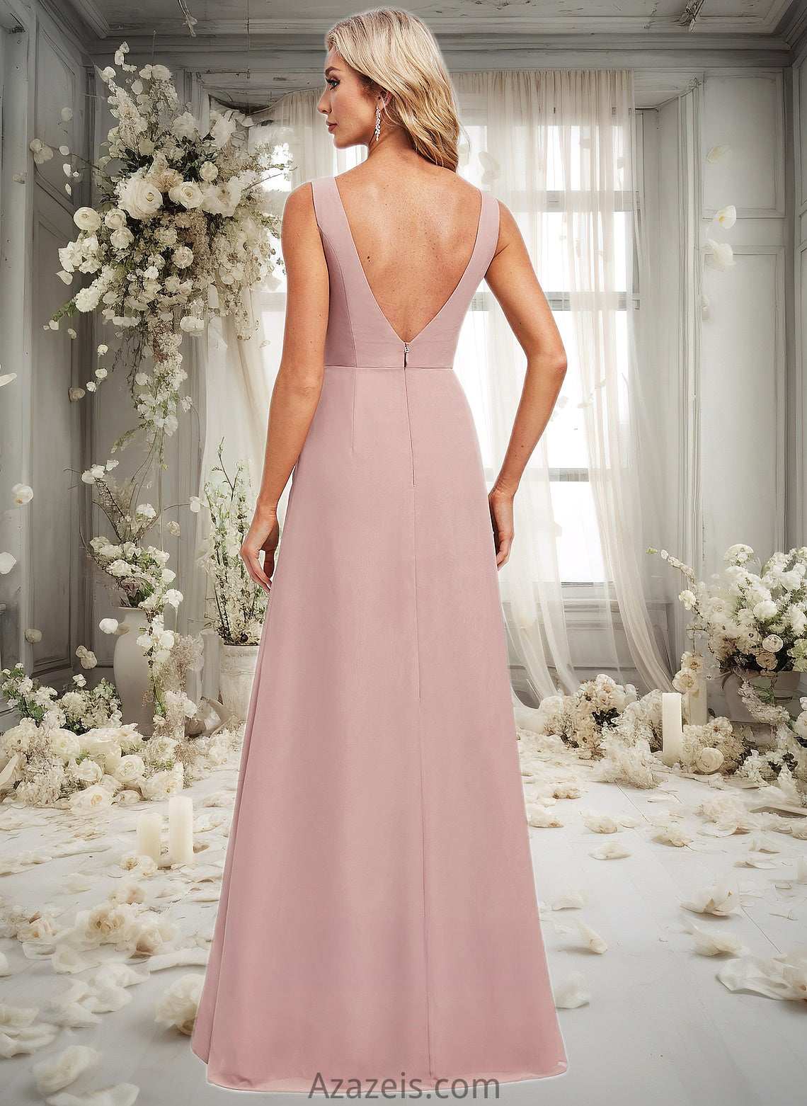 Izabelle A-line V-Neck Floor-Length Chiffon Bridesmaid Dress DFP0025820