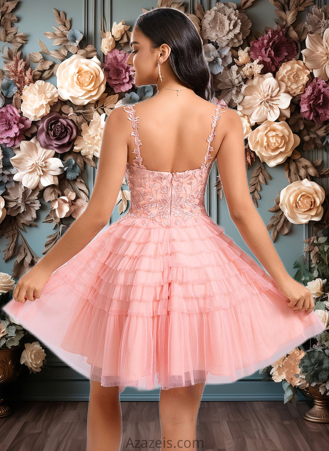 Cindy Ball-Gown/Princess Scoop Short Tulle Lace Homecoming Dress With Ruffle DFP0025676