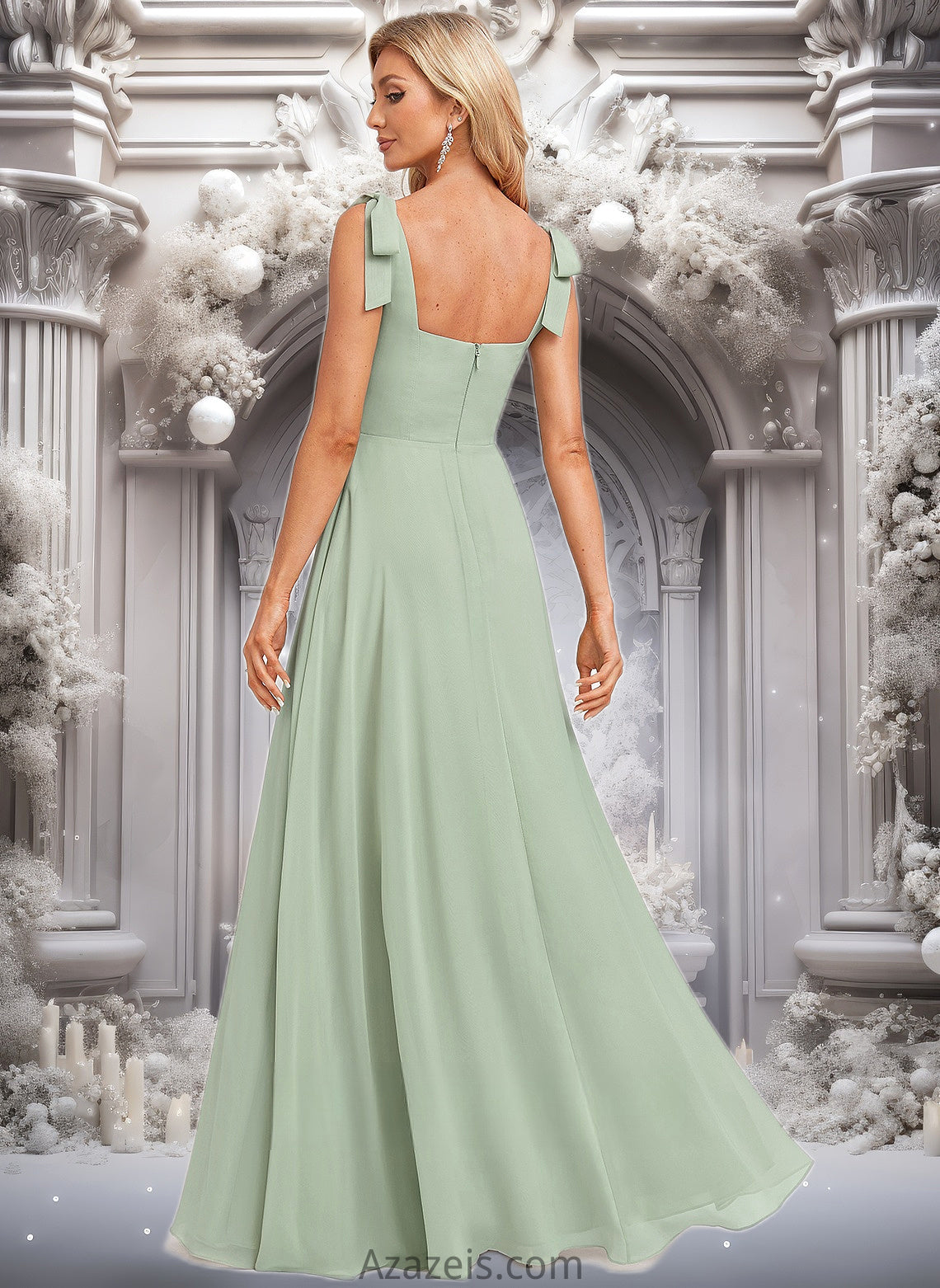 Urania A-line Square Floor-Length Chiffon Prom Dresses With Bow DFP0025876