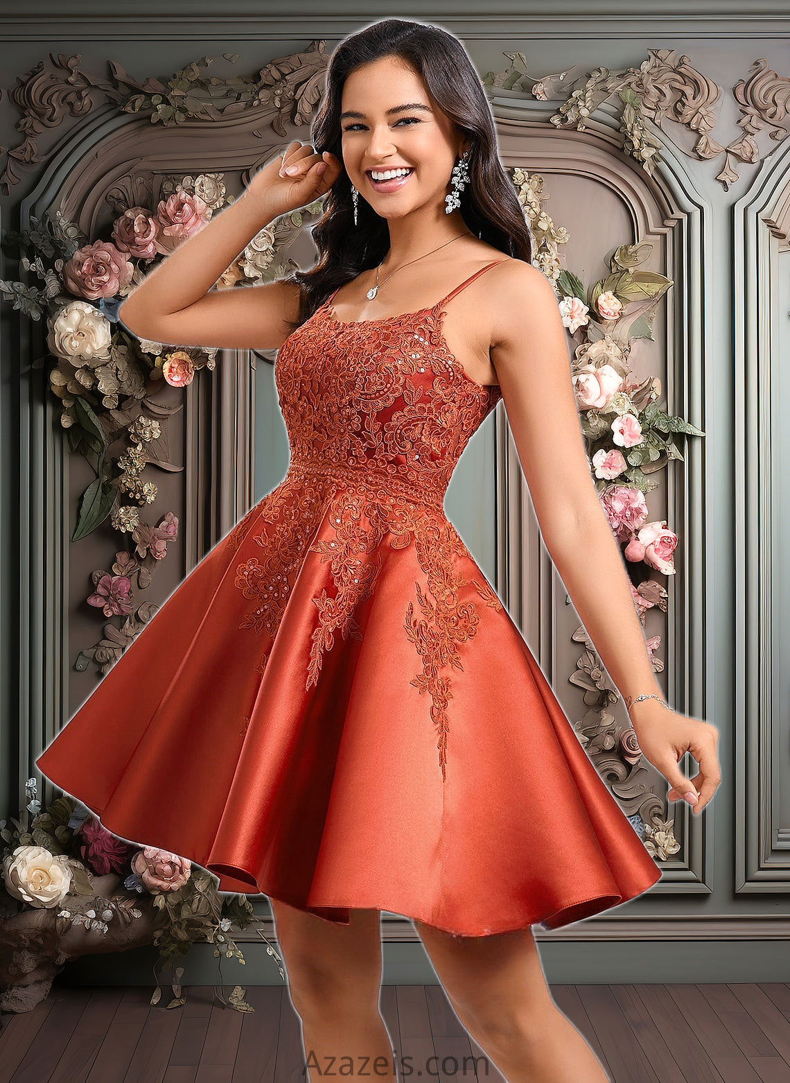 Alanna A-line Scoop Short Satin Lace Homecoming Dress With Sequins DFP0025683