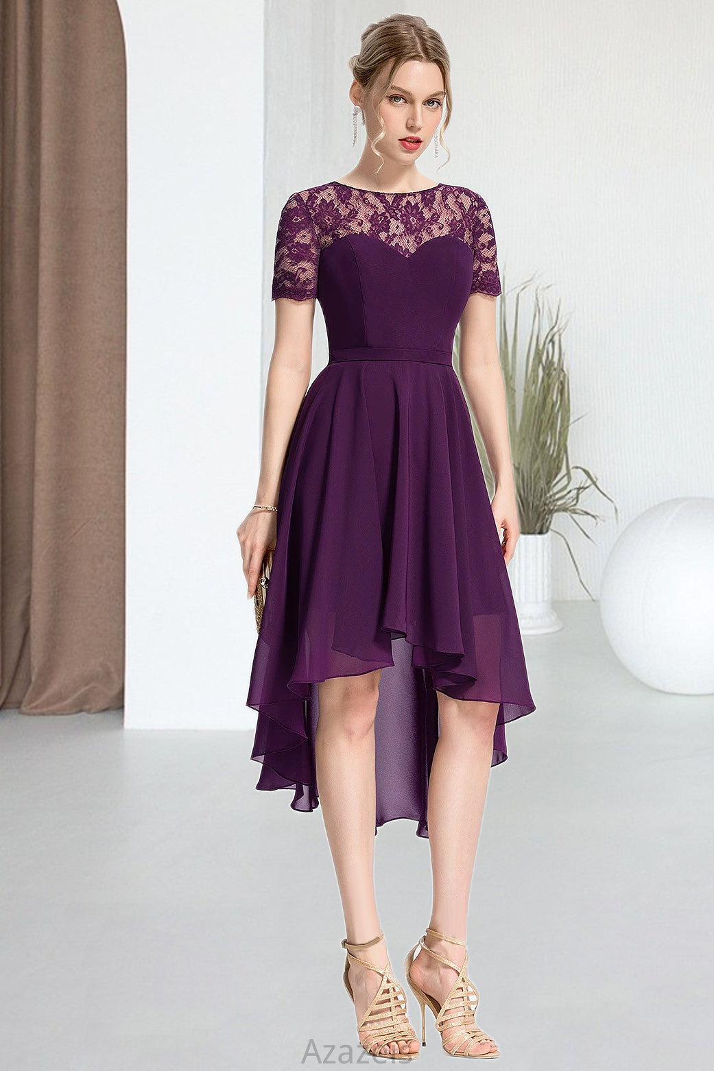 Ruby A-line Scoop Asymmetrical Chiffon Lace Homecoming Dress DFP0020587