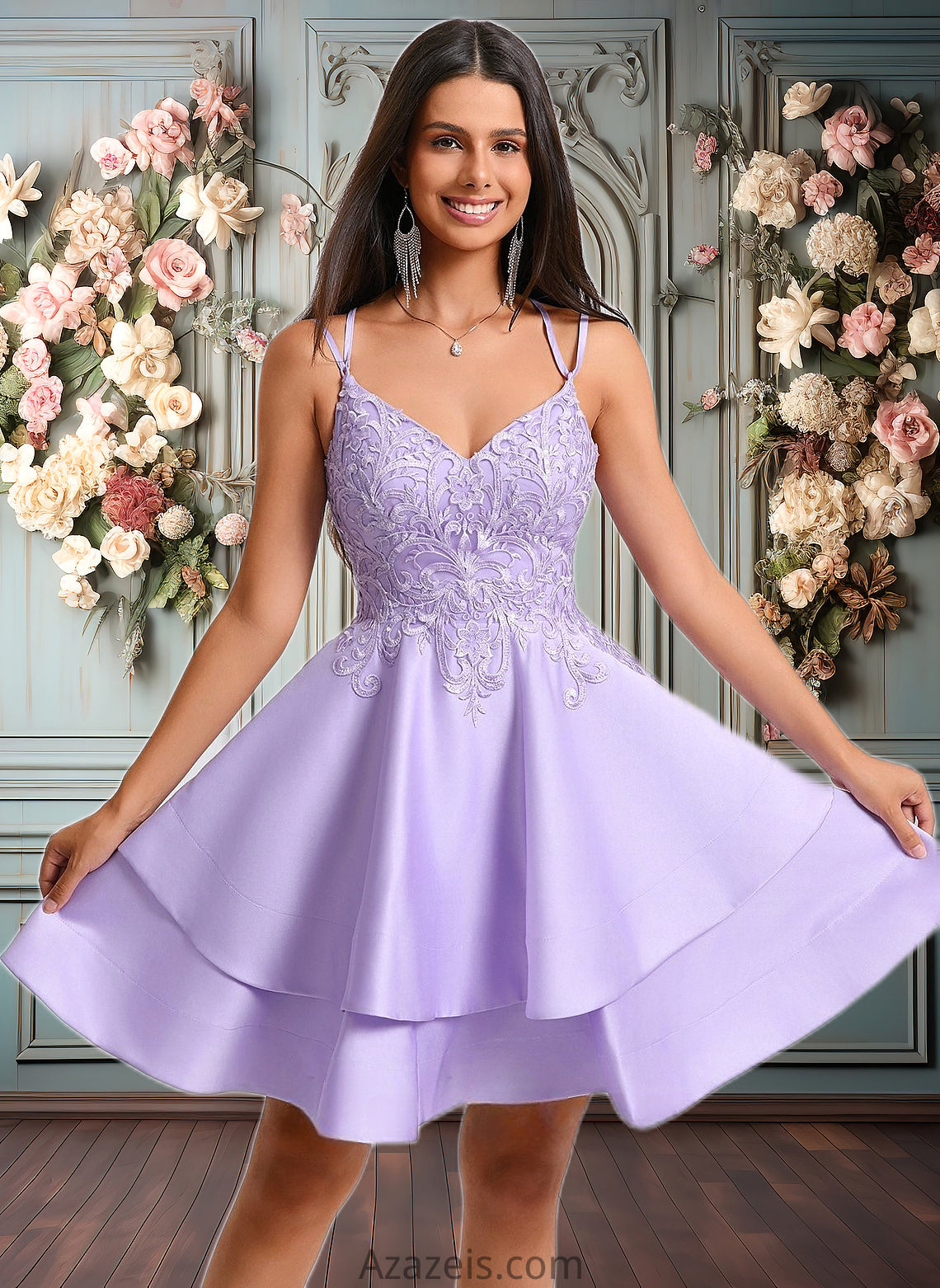 Natalee A-line V-Neck Short Satin Homecoming Dress With Appliques Lace DFP0025692