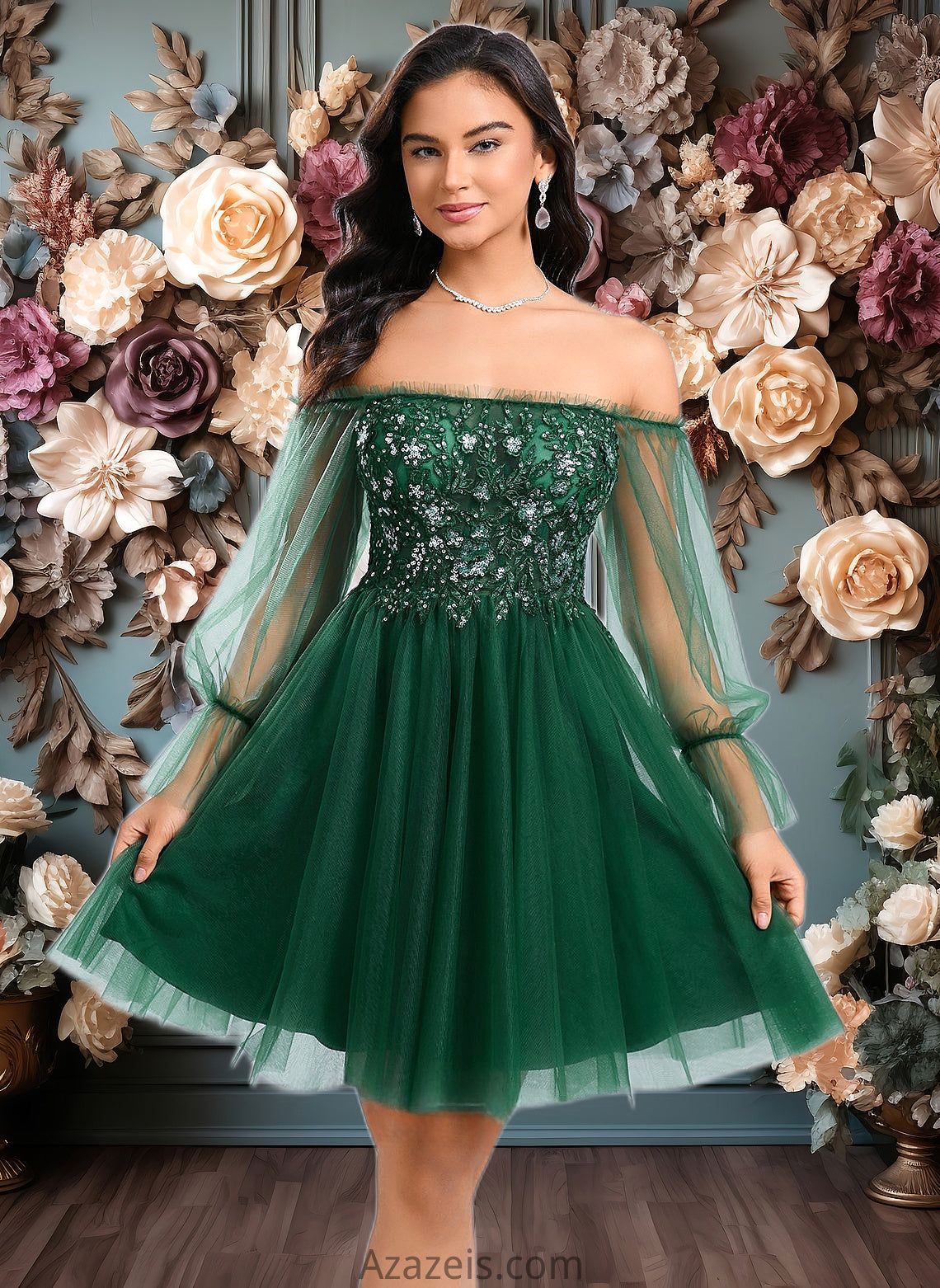 Fernanda A-line Off the Shoulder Short Tulle Homecoming Dress With Sequins Appliques Lace DFP0025663