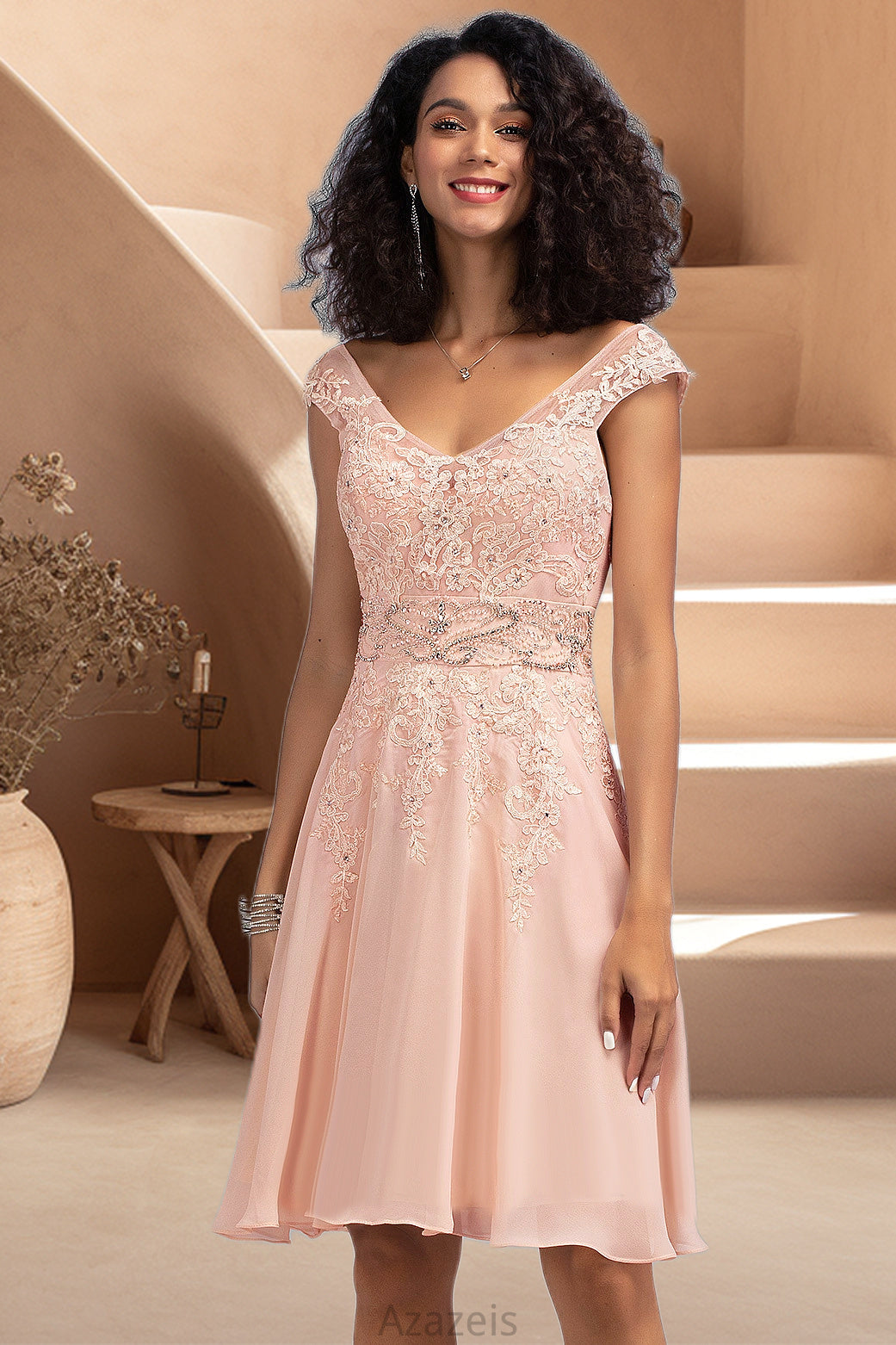 Chelsea A-line V-Neck Knee-Length Chiffon Lace Homecoming Dress With Beading DFP0020565