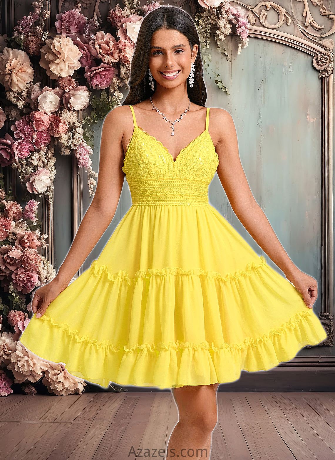 Karina A-line V-Neck Short Chiffon Homecoming Dress With Ruffle Sequins DFP0025700