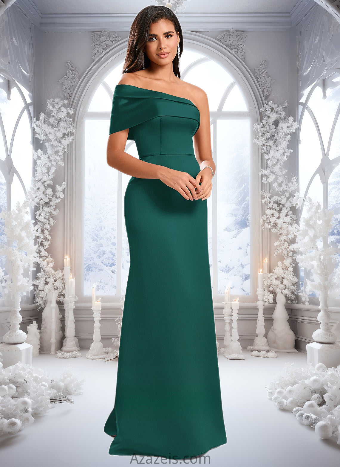 Liberty A-line Asymmetrical Off the Shoulder Floor-Length Satin Prom Dresses DFP0025884