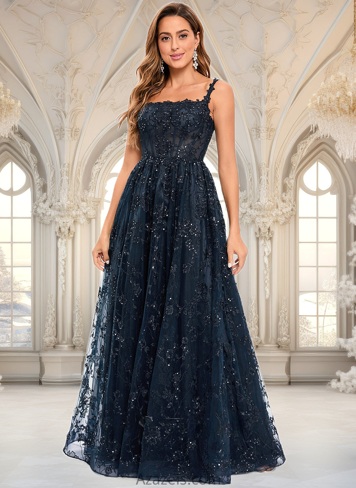 Erin A-line Square Floor-Length Organza Lace Floral Prom Dresses With Sequins DFP0025844