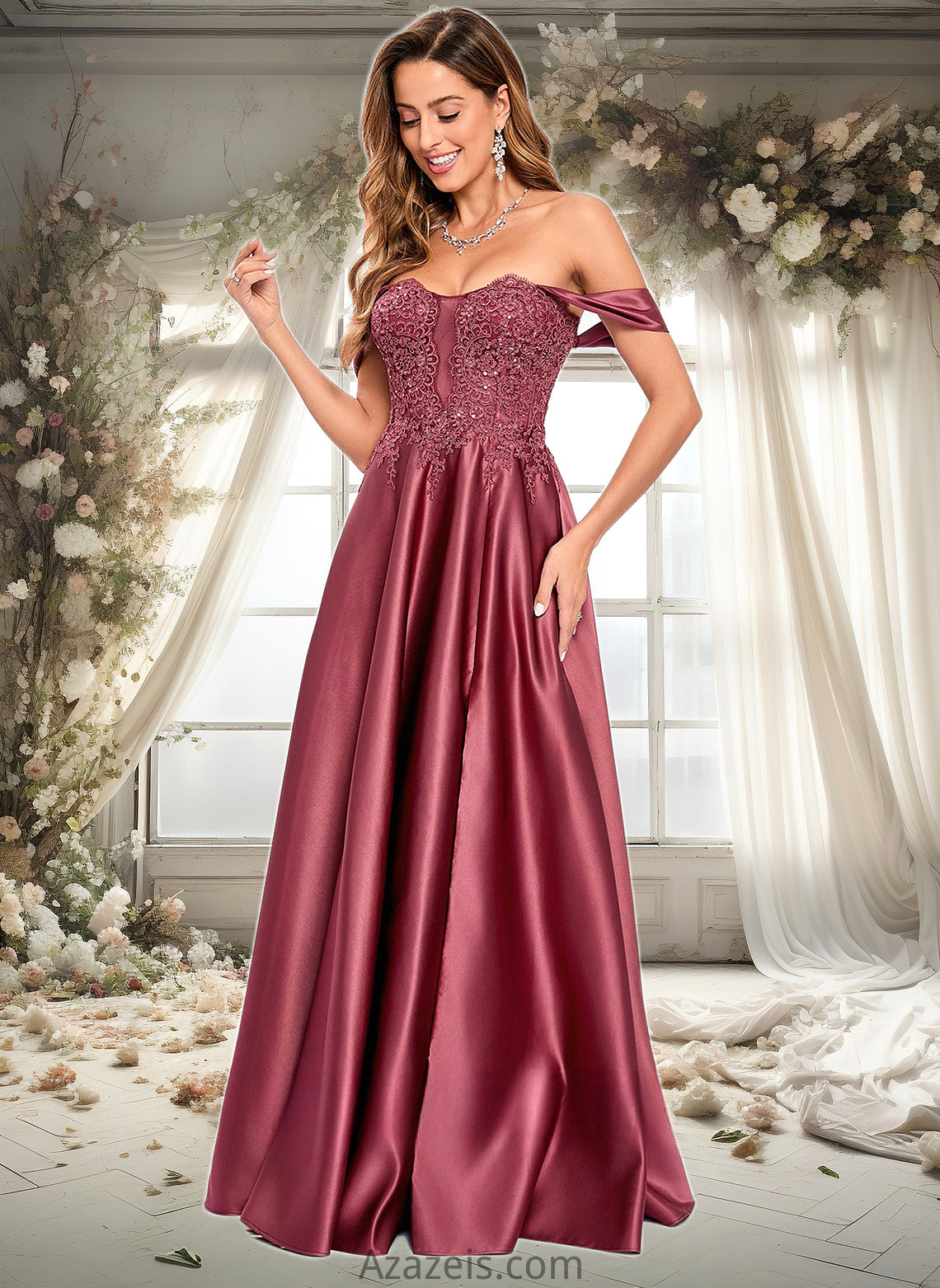 Jolie A-line Off the Shoulder Floor-Length Satin Lace Prom Dresses With Sequins DFP0025841