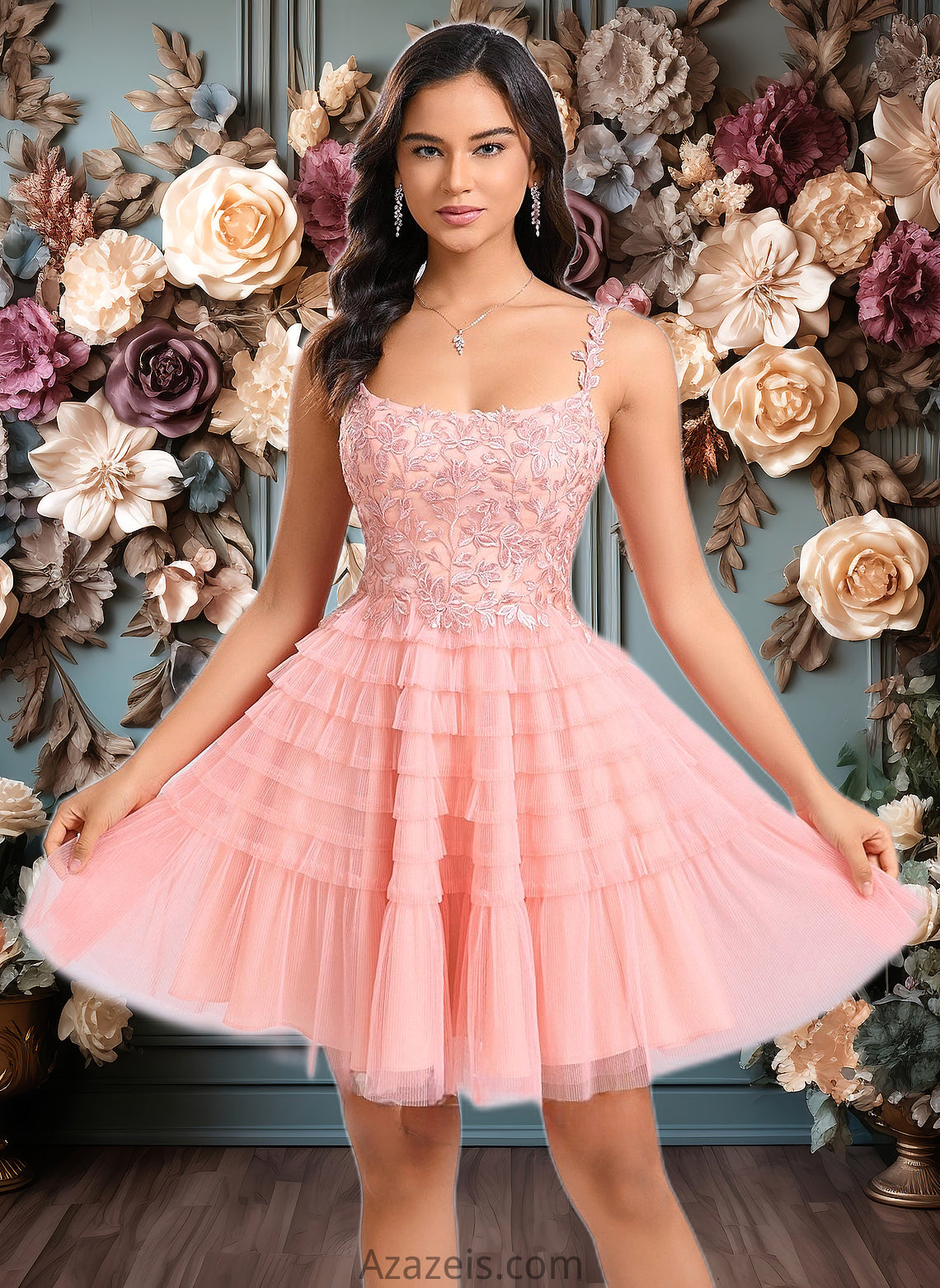 Cindy Ball-Gown/Princess Scoop Short Tulle Lace Homecoming Dress With Ruffle DFP0025676