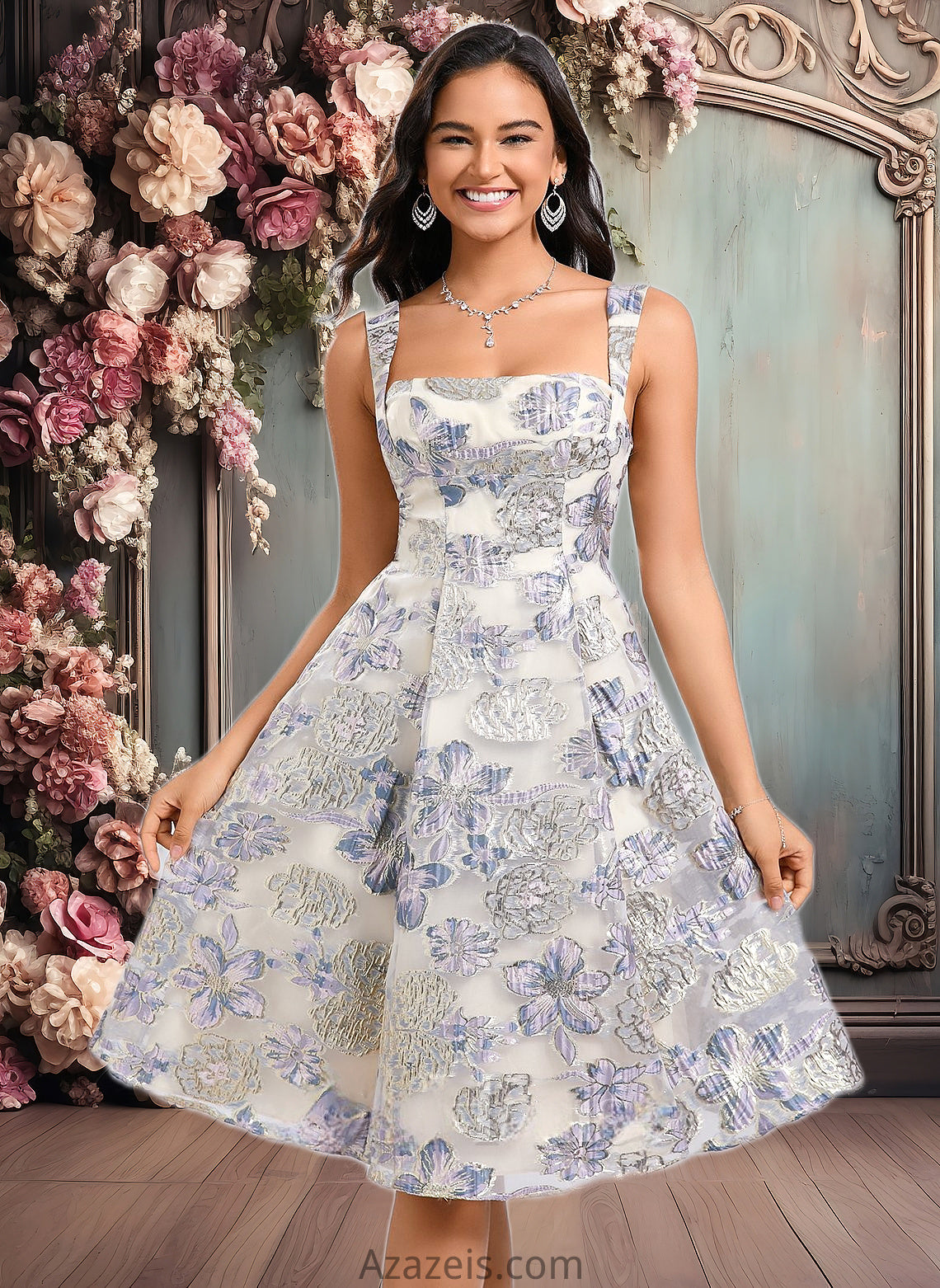 Adriana A-line Square Knee-Length Jacquard Homecoming Dress With Bow DFP0025687