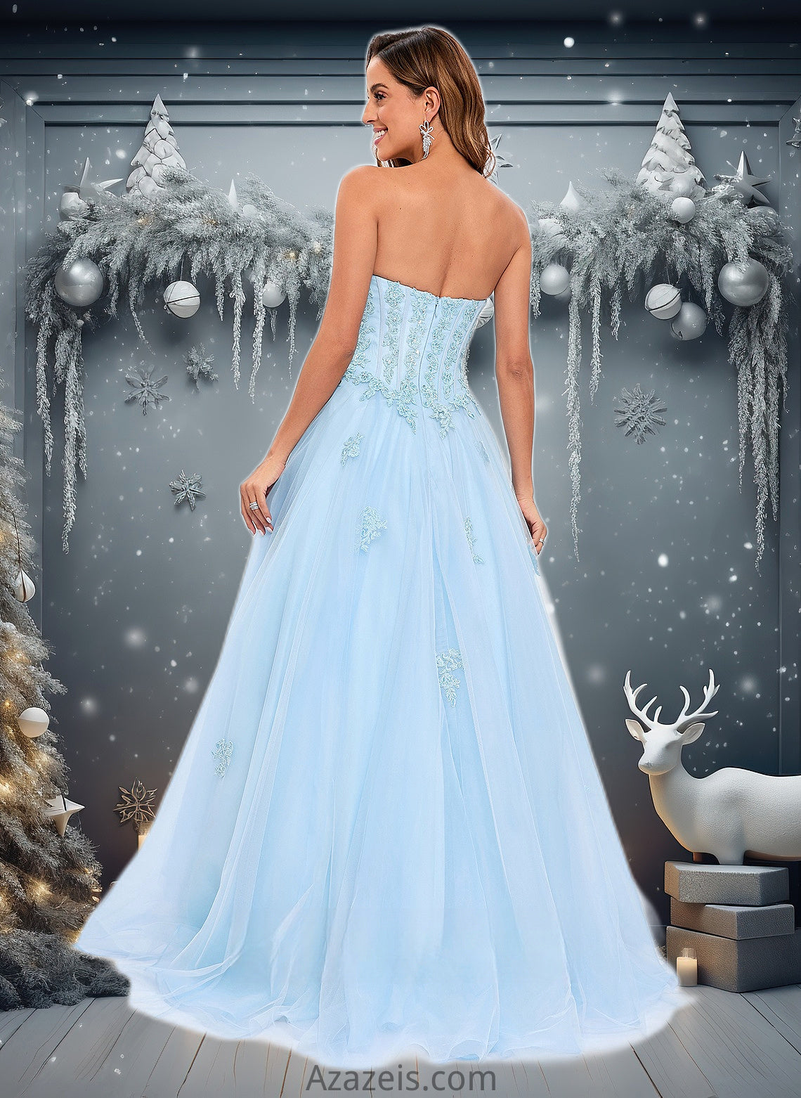 Yaritza Ball-Gown/Princess Straight Sweep Train Tulle Prom Dresses With Sequins Appliques Lace DFP0025864