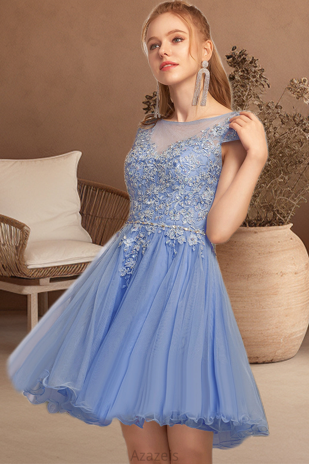 Rebecca A-line Scoop Short/Mini Tulle Homecoming Dress With Beading Appliques Lace DFP0020547