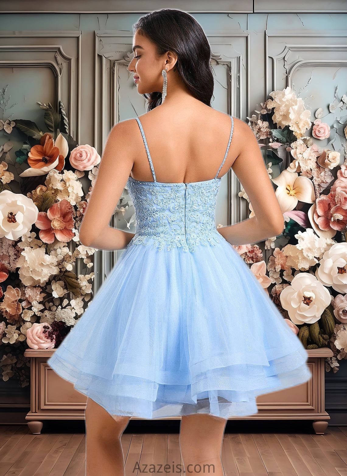 Cailyn A-line V-Neck Short Lace Tulle Homecoming Dress With Rhinestone Sequins DFP0025658