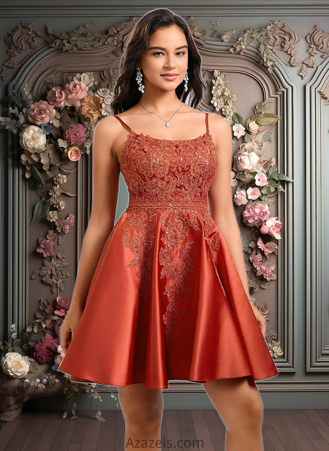 Alanna A-line Scoop Short Satin Lace Homecoming Dress With Sequins DFP0025683