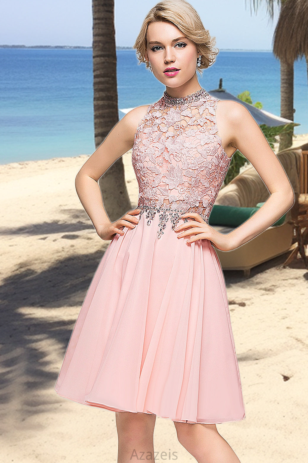 Sarah A-line High Neck Knee-Length Chiffon Lace Homecoming Dress With Beading Sequins DFP0020596