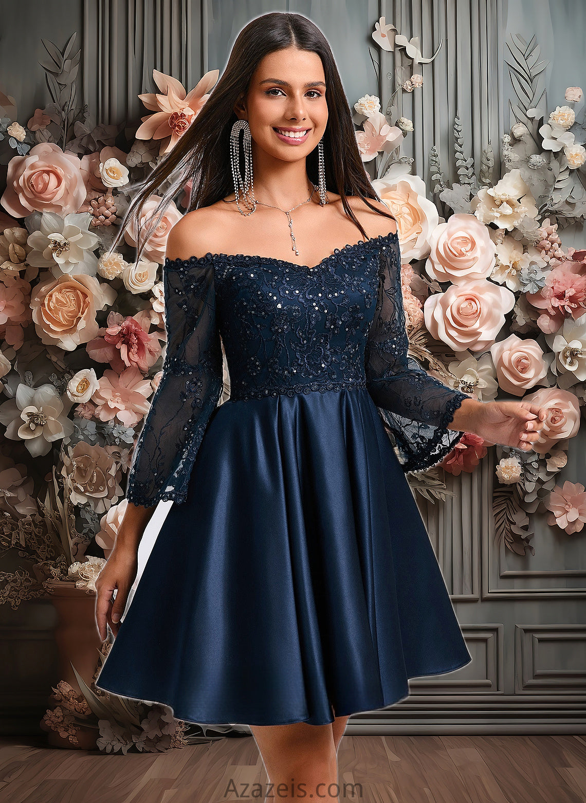 Anabelle A-line Off the Shoulder Short Satin Homecoming Dress With Sequins DFP0025651