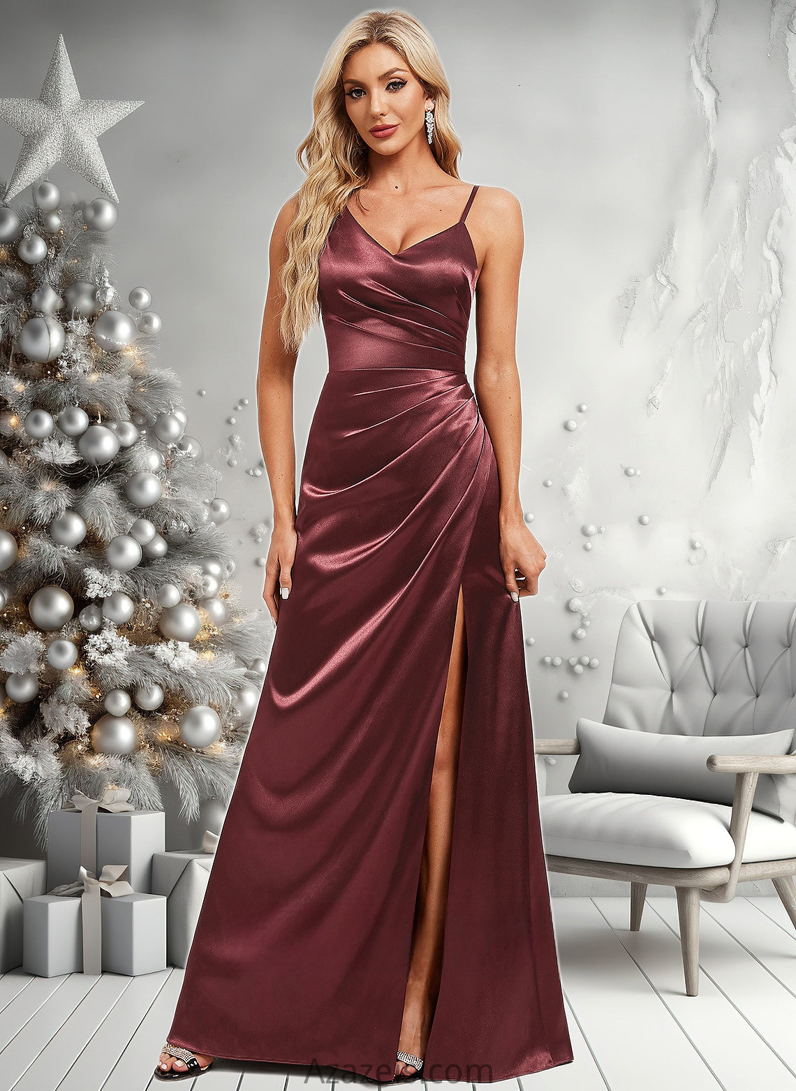 Yaritza A-line Asymmetrical Floor-Length Stretch Satin Bridesmaid Dress DFP0025828