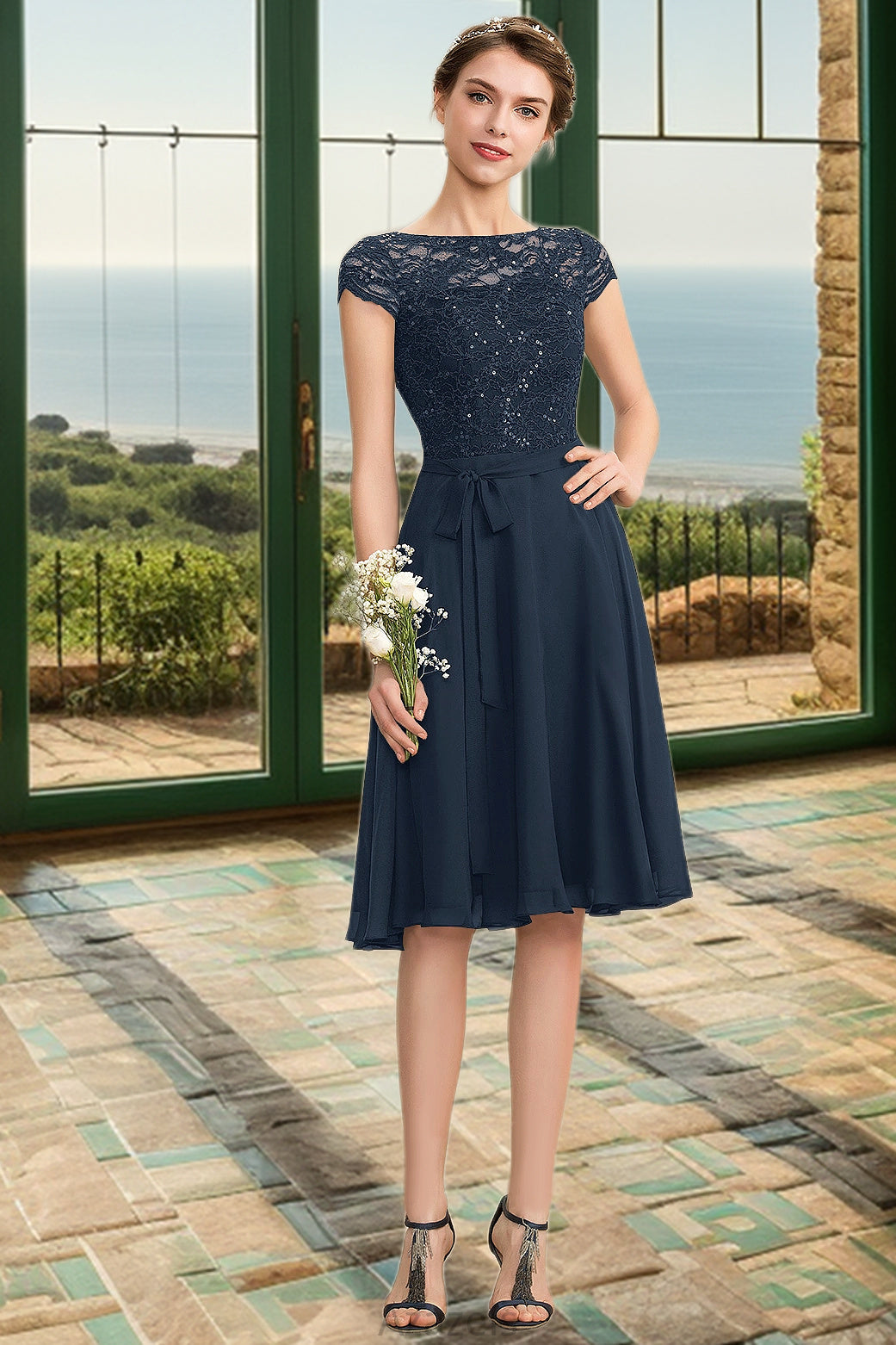 Aurora A-line Scoop Knee-Length Chiffon Lace Homecoming Dress With Bow DFP0020581