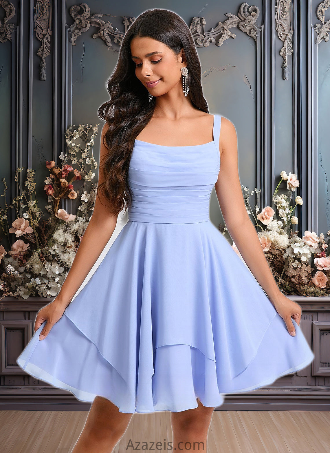 Jode A-line Scoop Short Chiffon Homecoming Dress With Pleated DFP0025654