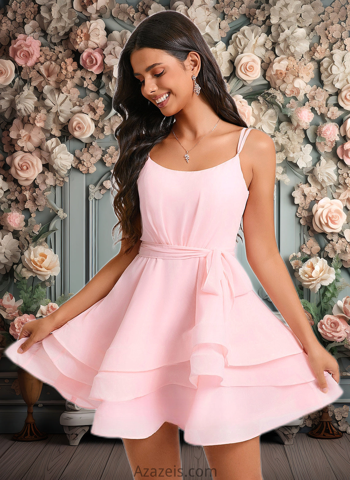 Laila A-line Scoop Mini Chiffon Homecoming Dress With Pleated DFP0025675