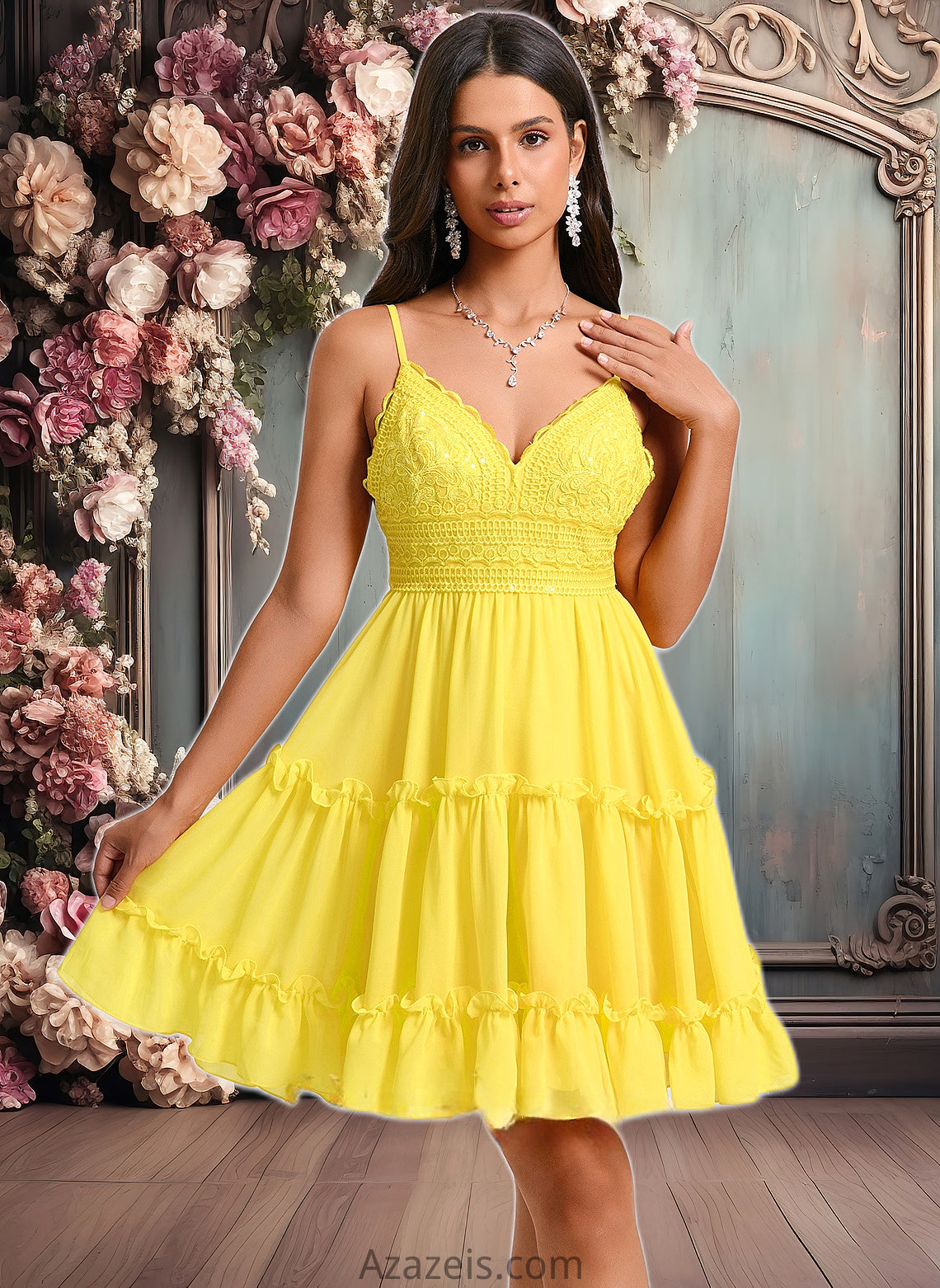 Karina A-line V-Neck Short Chiffon Homecoming Dress With Ruffle Sequins DFP0025700