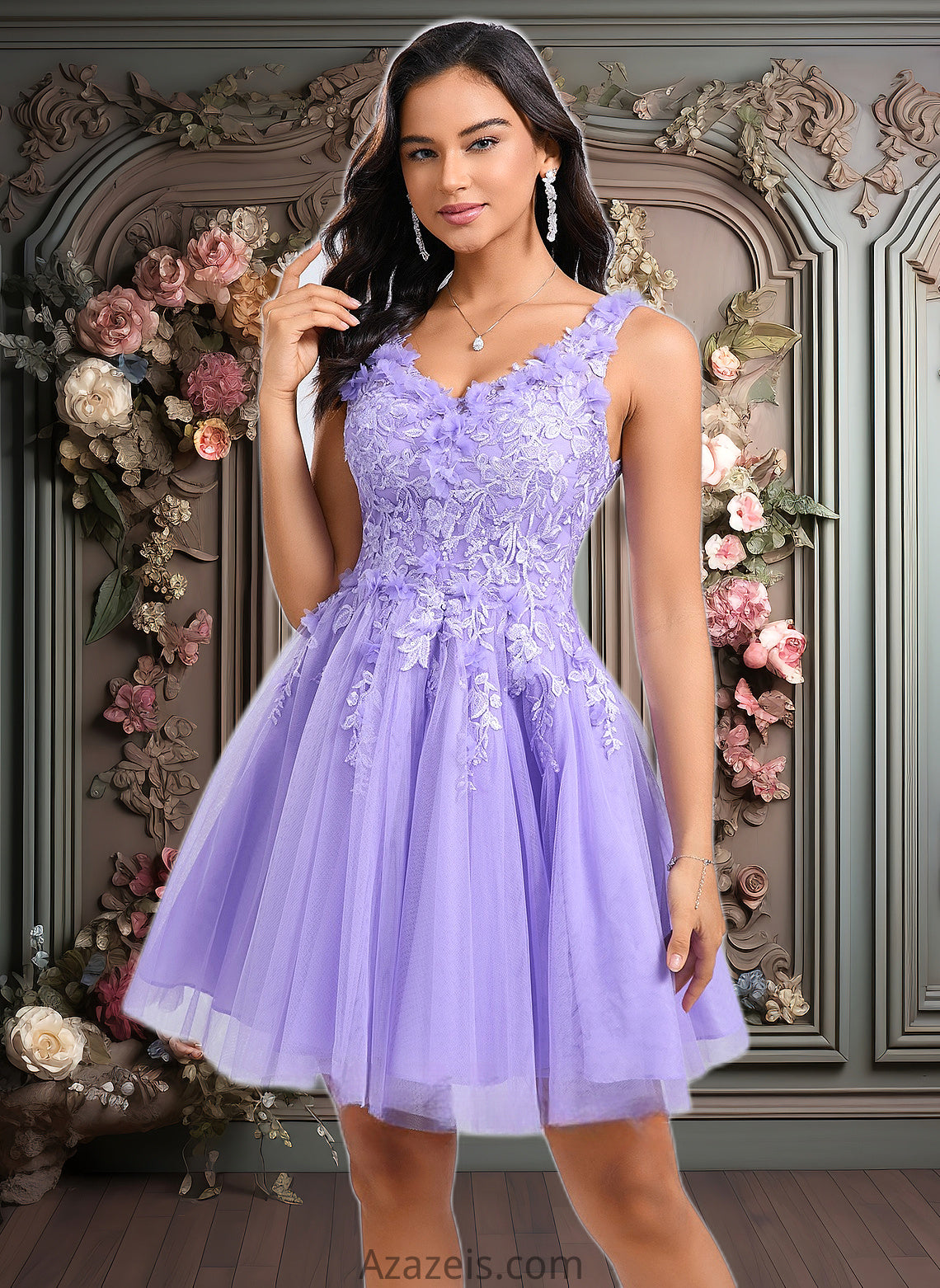 Kiara Ball-Gown/Princess V-Neck Short Lace Tulle Homecoming Dress With Flower DFP0025656