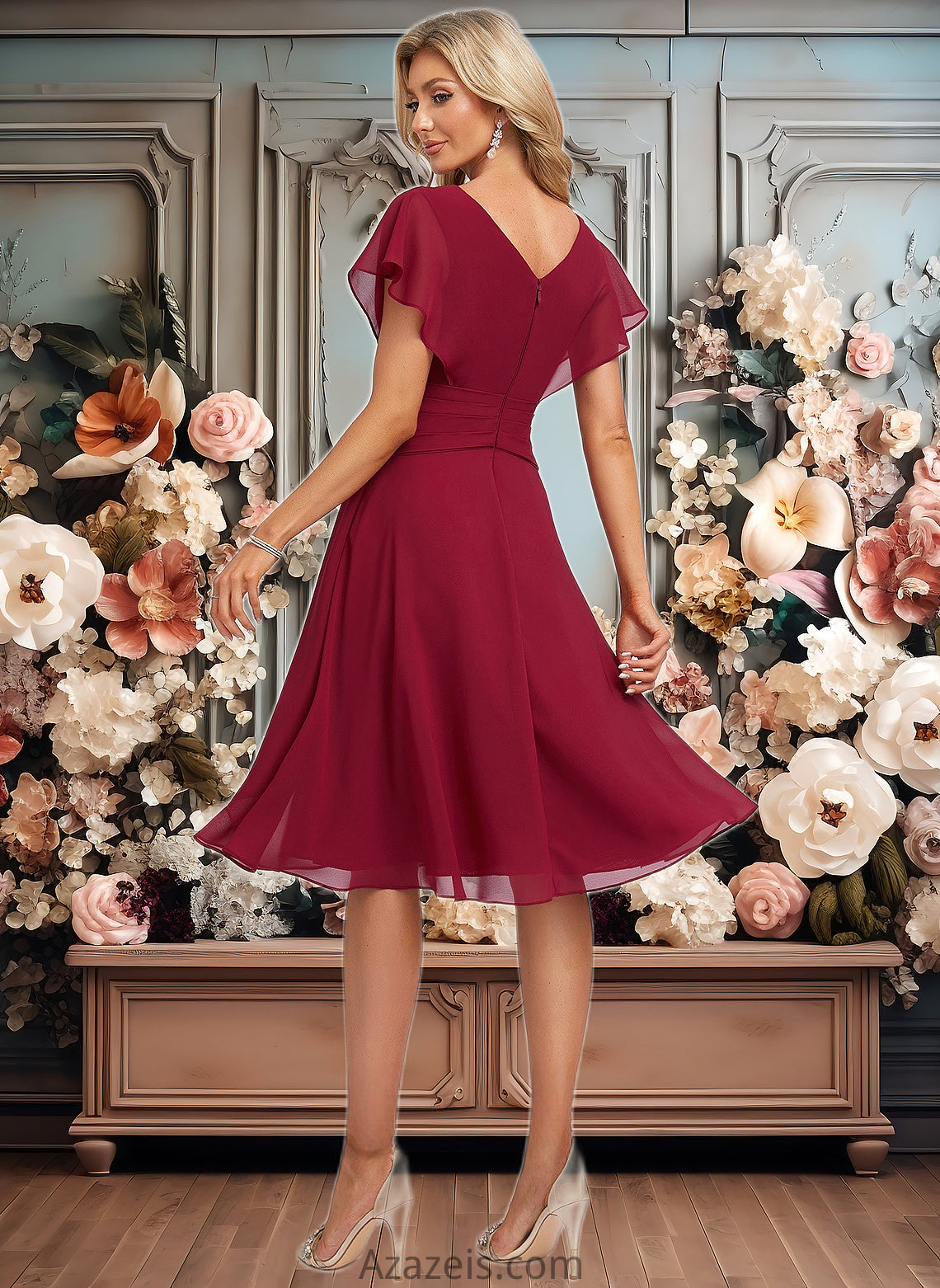 Joanne A-line V-Neck Knee-Length Chiffon Homecoming Dress With Ruffle DFP0025716