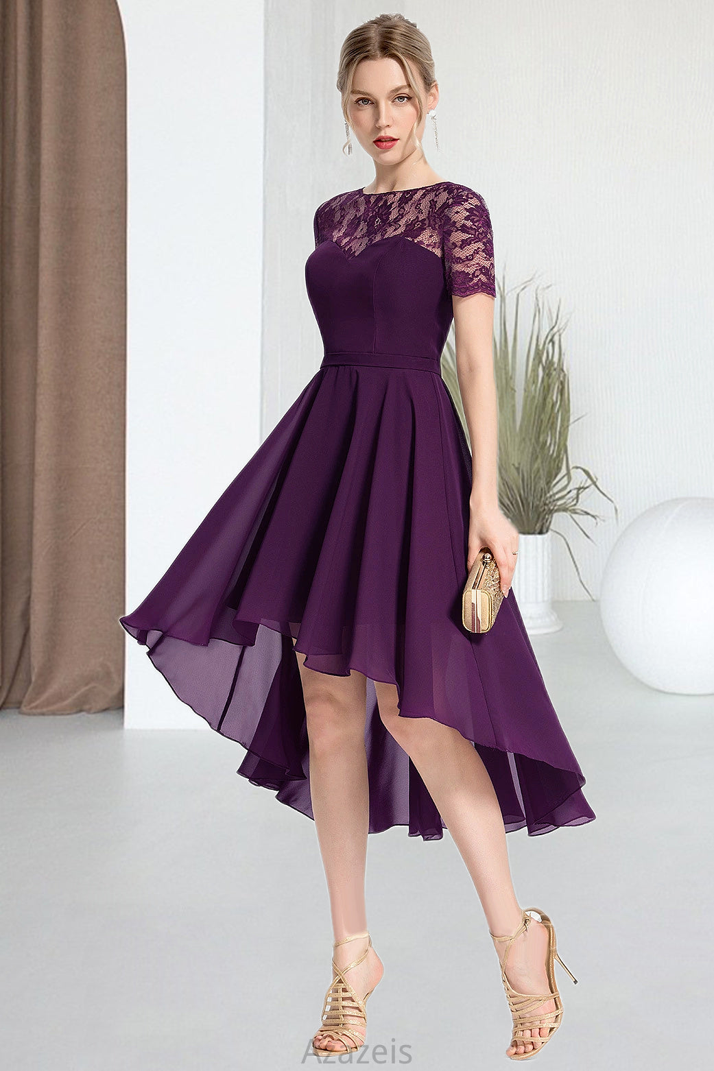 Ruby A-line Scoop Asymmetrical Chiffon Lace Homecoming Dress DFP0020587