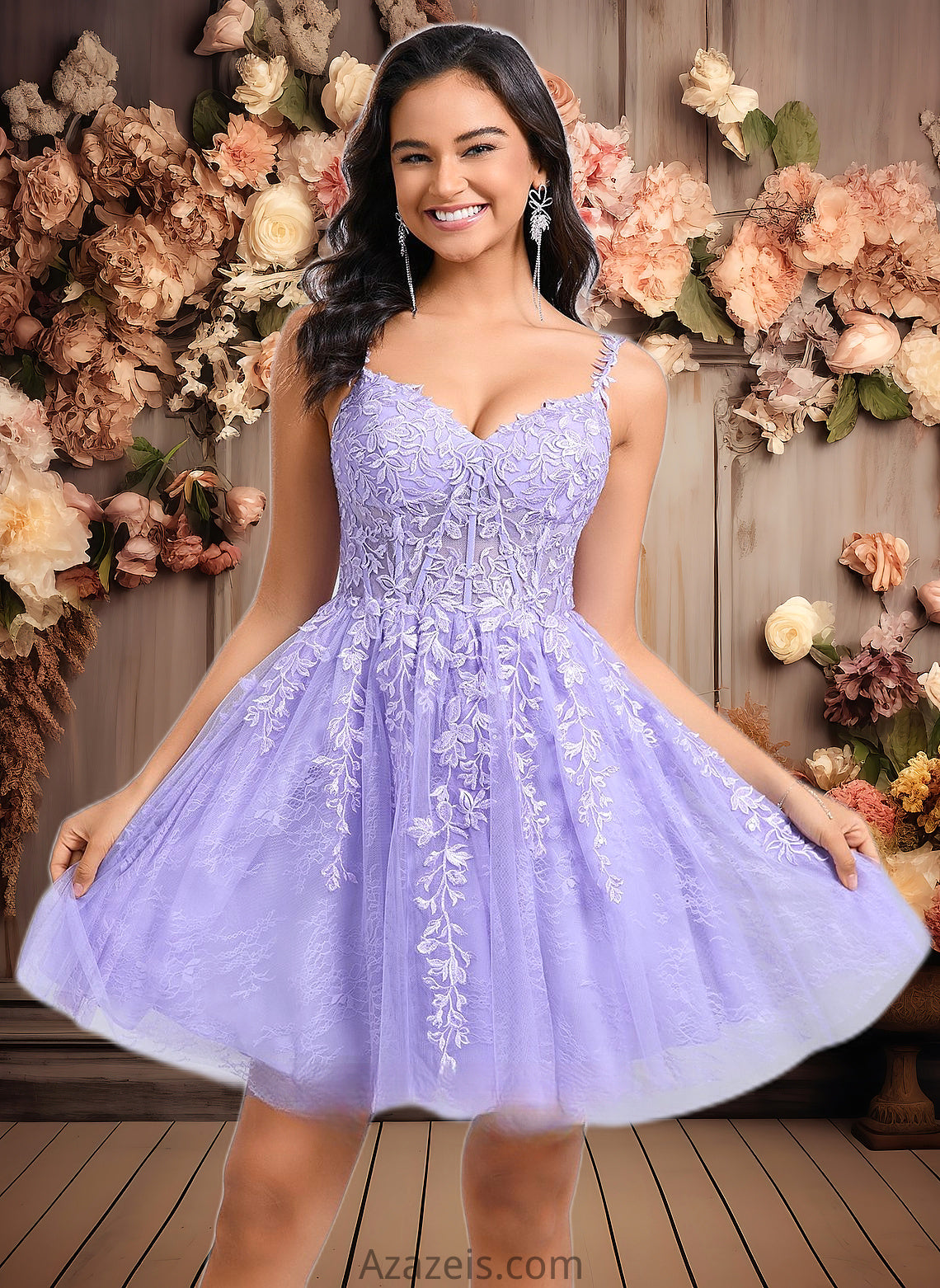 Elsa A-line V-Neck Short Tulle Lace Homecoming Dress DFP0025640