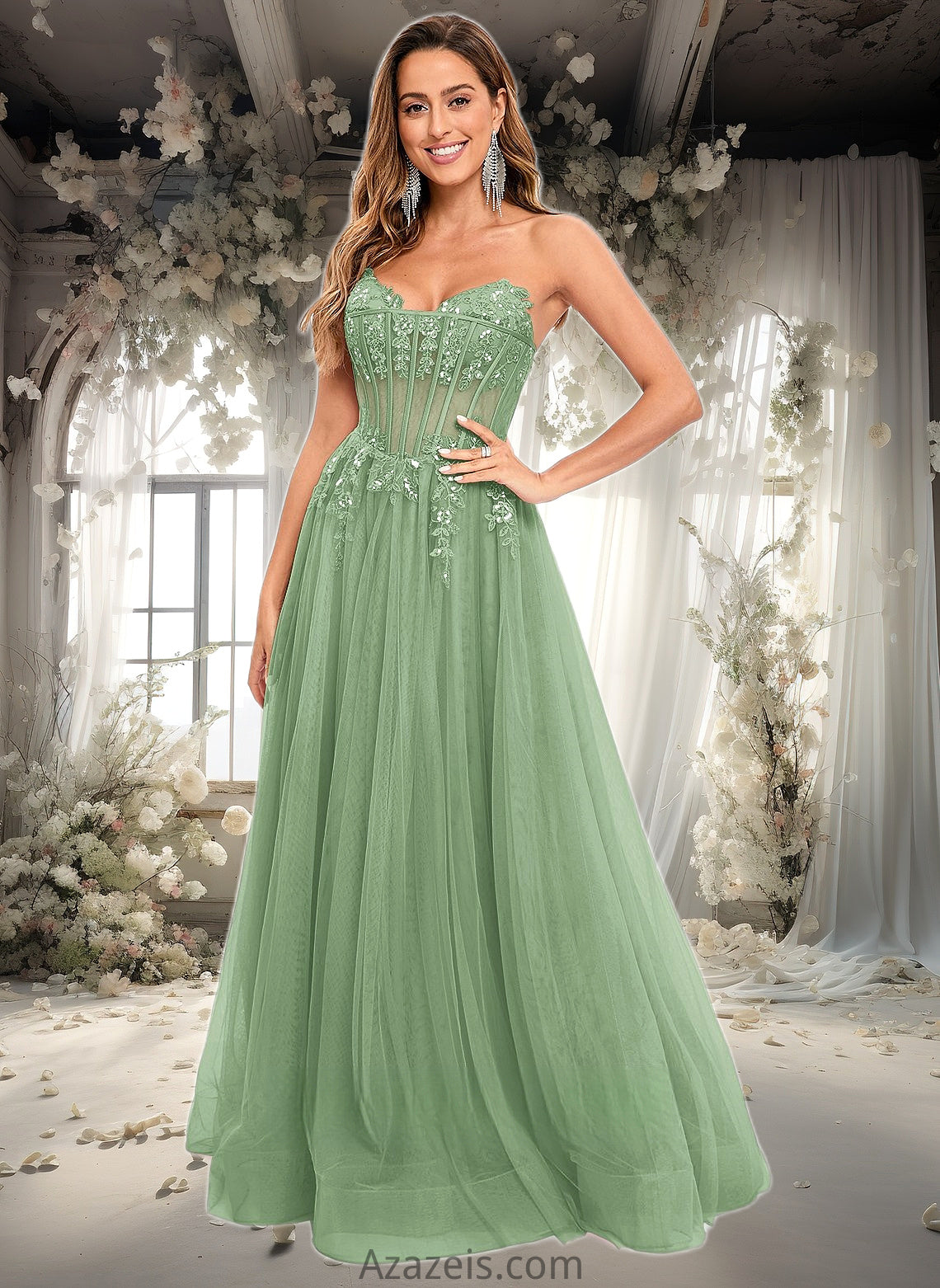 Zoey Ball-Gown/Princess V-Neck Floor-Length Tulle Prom Dresses With Sequins Appliques Lace DFP0025837