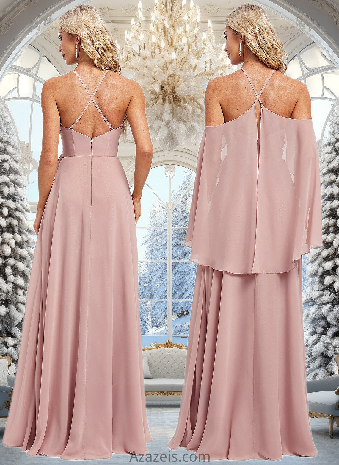 Ellie A-line Halter Floor-Length Chiffon Bridesmaid Dress DFP0025821