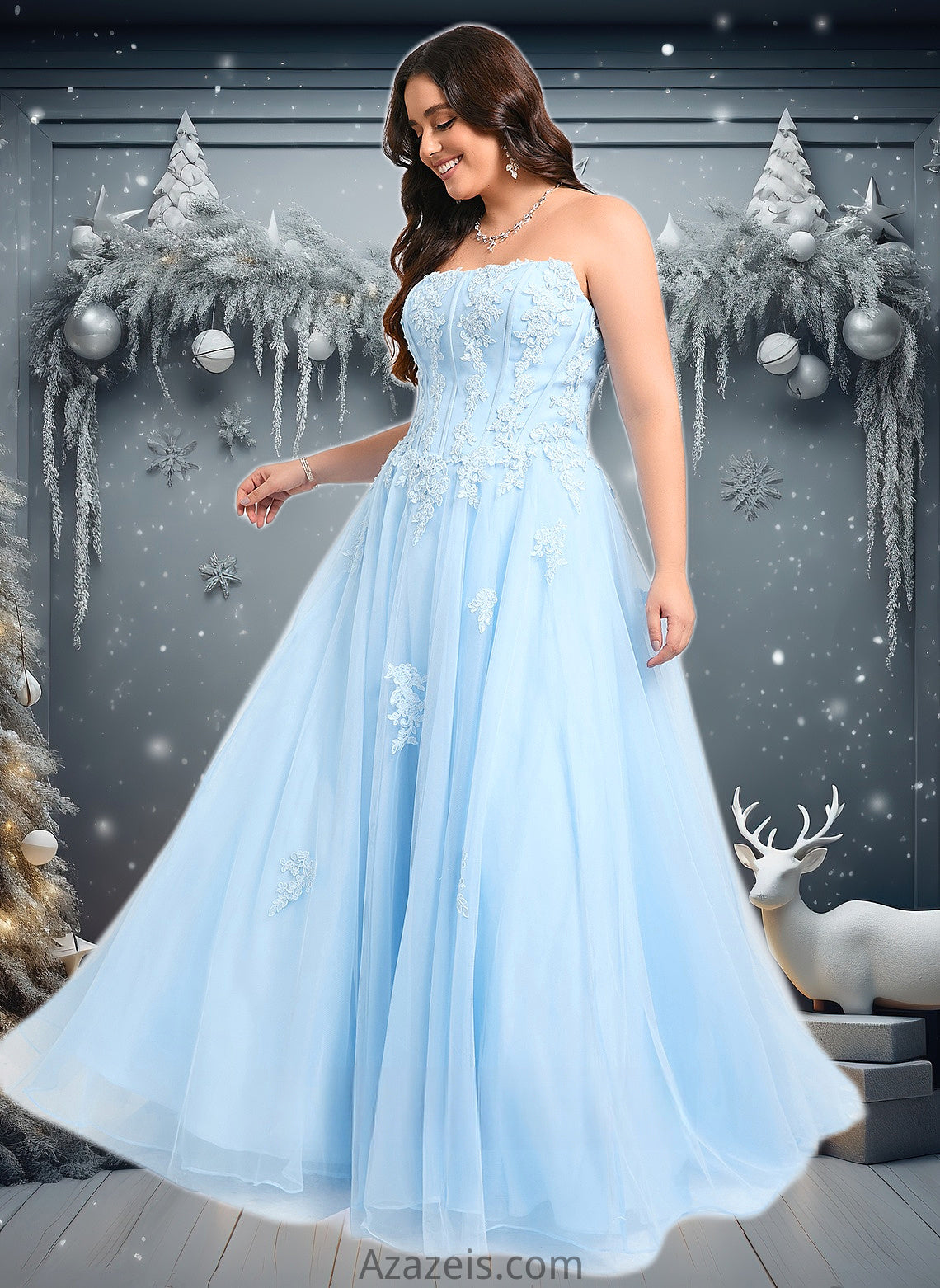 Yaritza Ball-Gown/Princess Straight Sweep Train Tulle Prom Dresses With Sequins Appliques Lace DFP0025864