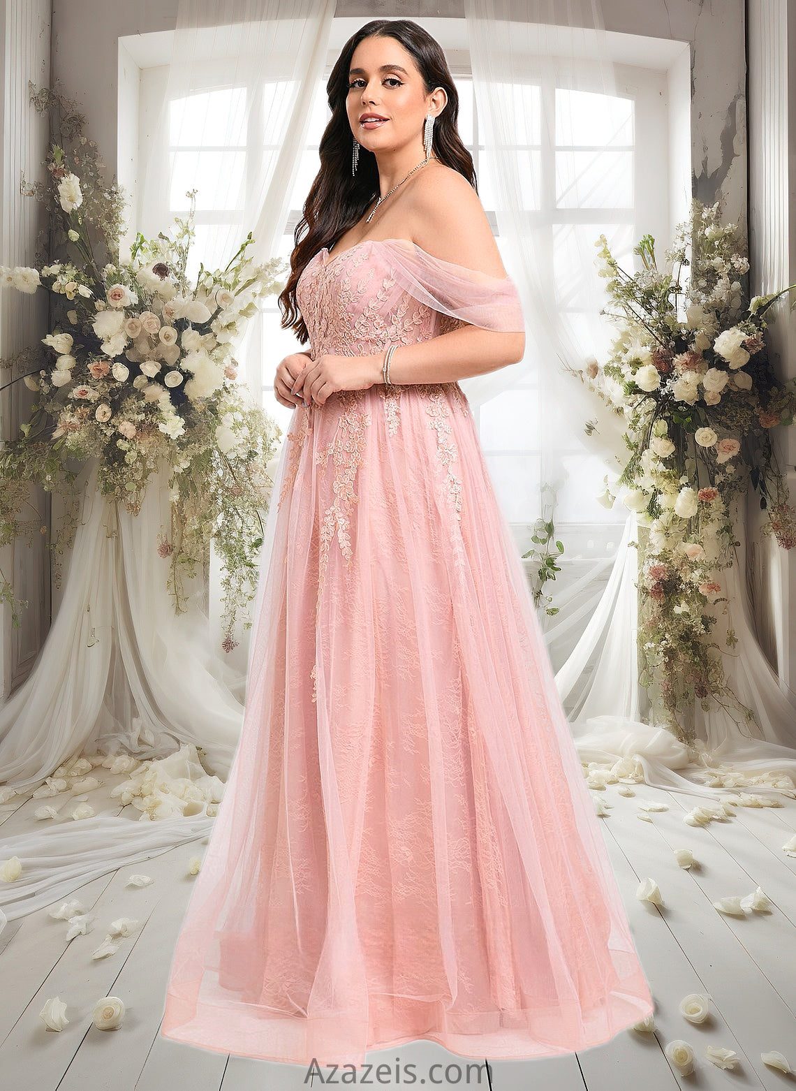 Elva A-line Sweetheart Off the Shoulder Floor-Length Tulle Floral Lace Prom Dresses With Appliques Lace DFP0025870