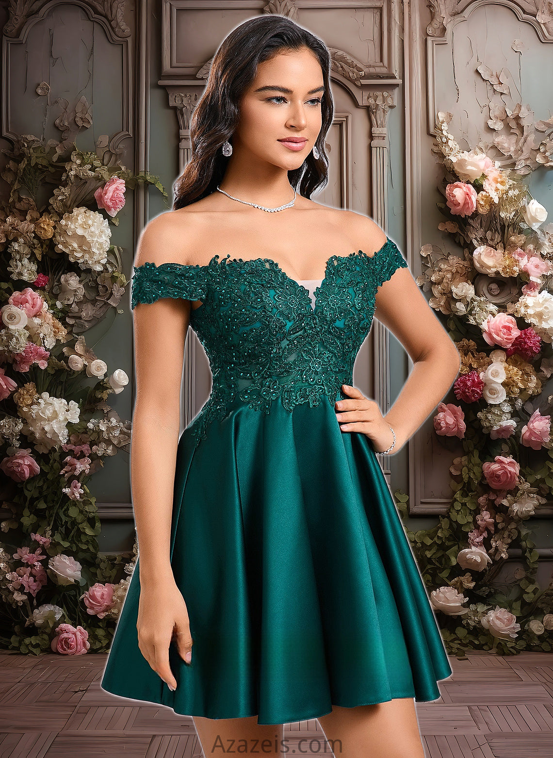 Jayla A-line Off the Shoulder Short Lace Satin Homecoming Dress With Rhinestone DFP0025718