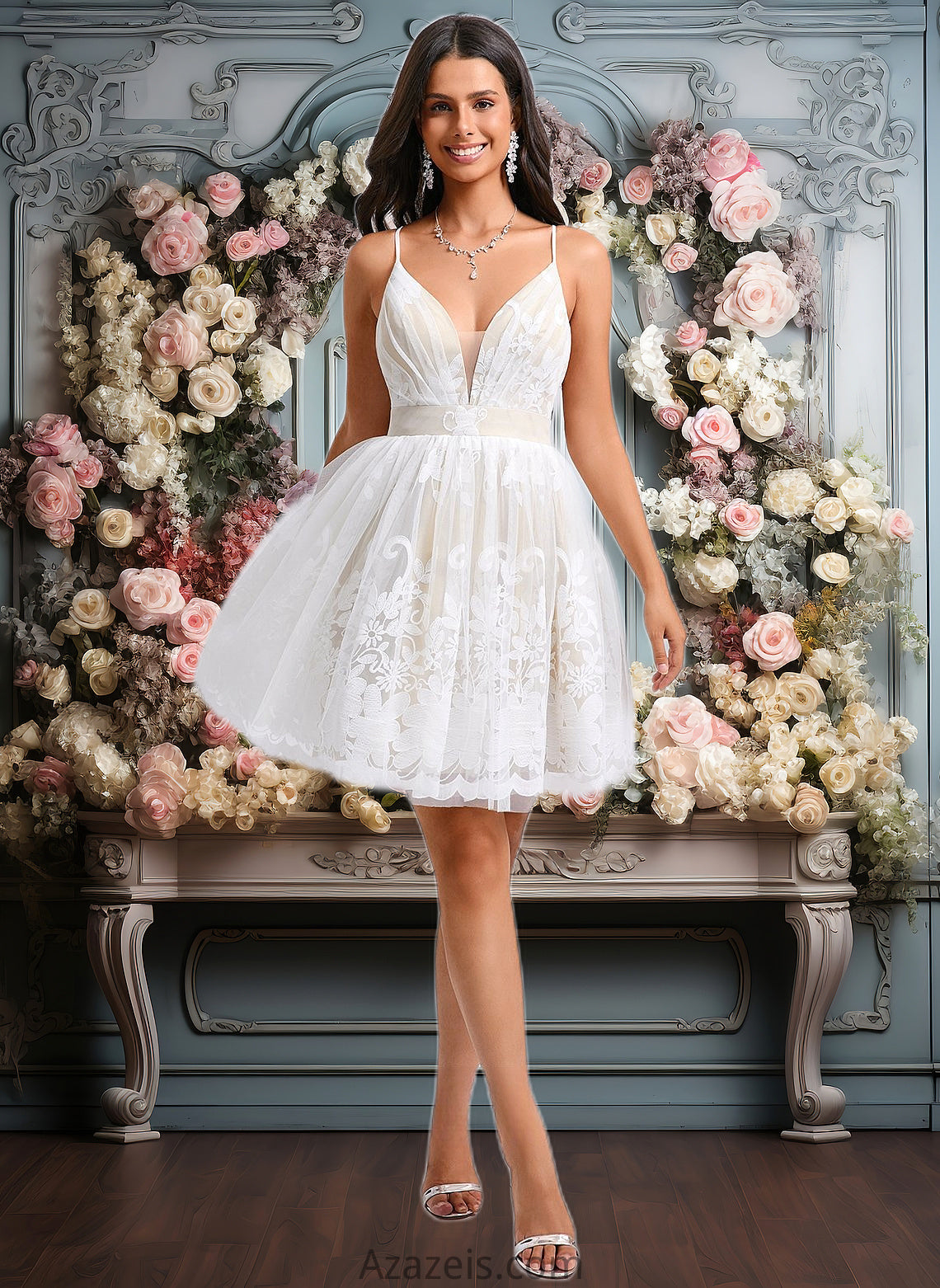 Tamia Ball-Gown/Princess V-Neck Short Tulle Lace Homecoming Dress With Pleated DFP0025711