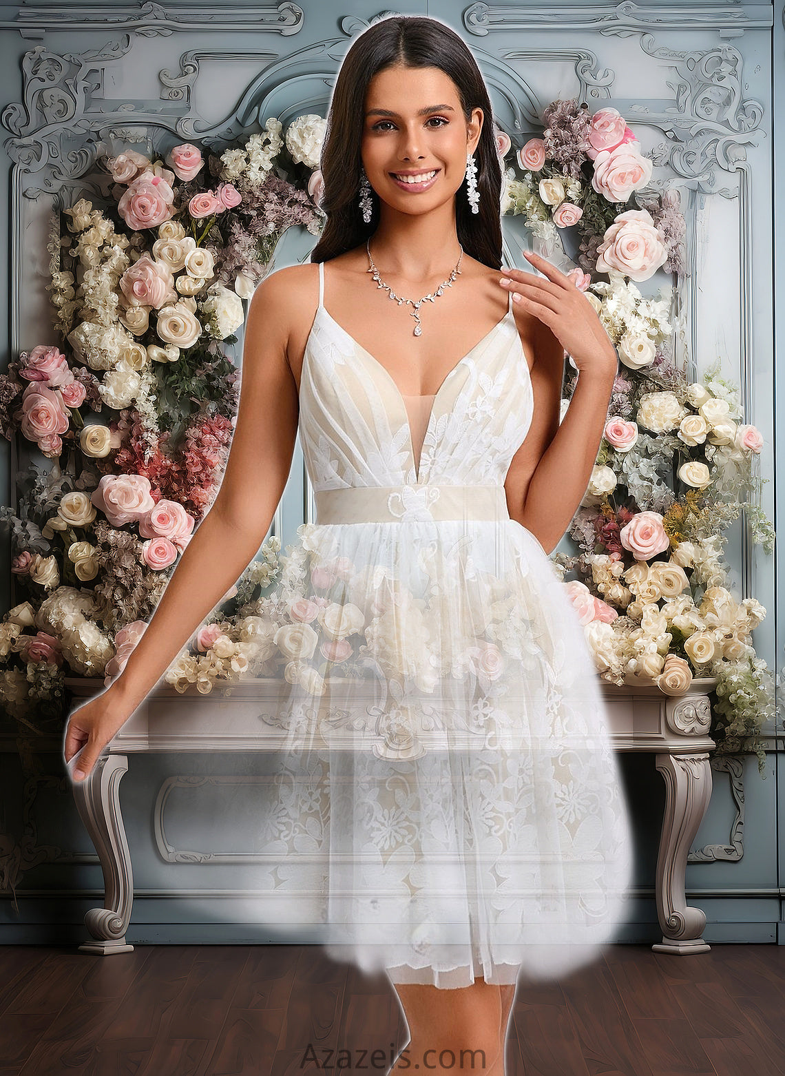 Tamia Ball-Gown/Princess V-Neck Short Tulle Lace Homecoming Dress With Pleated DFP0025711