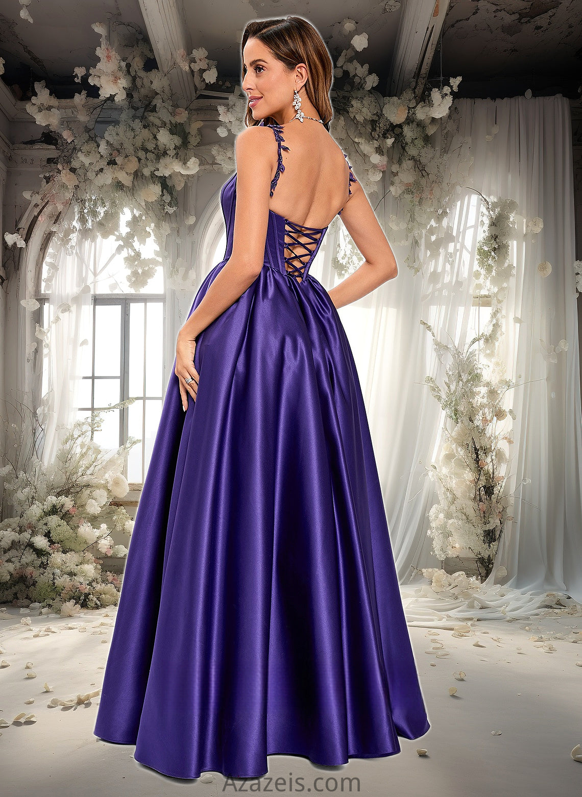 Yaritza Ball-Gown/Princess Scoop Floor-Length Satin Prom Dresses With Appliques Lace Beading DFP0025865