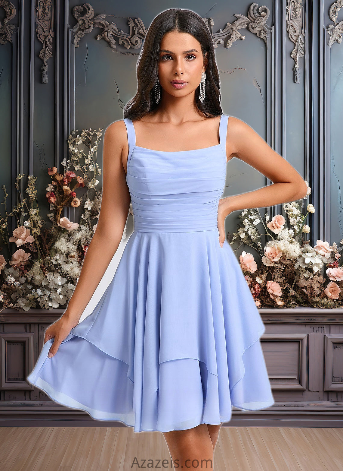 Jode A-line Scoop Short Chiffon Homecoming Dress With Pleated DFP0025654