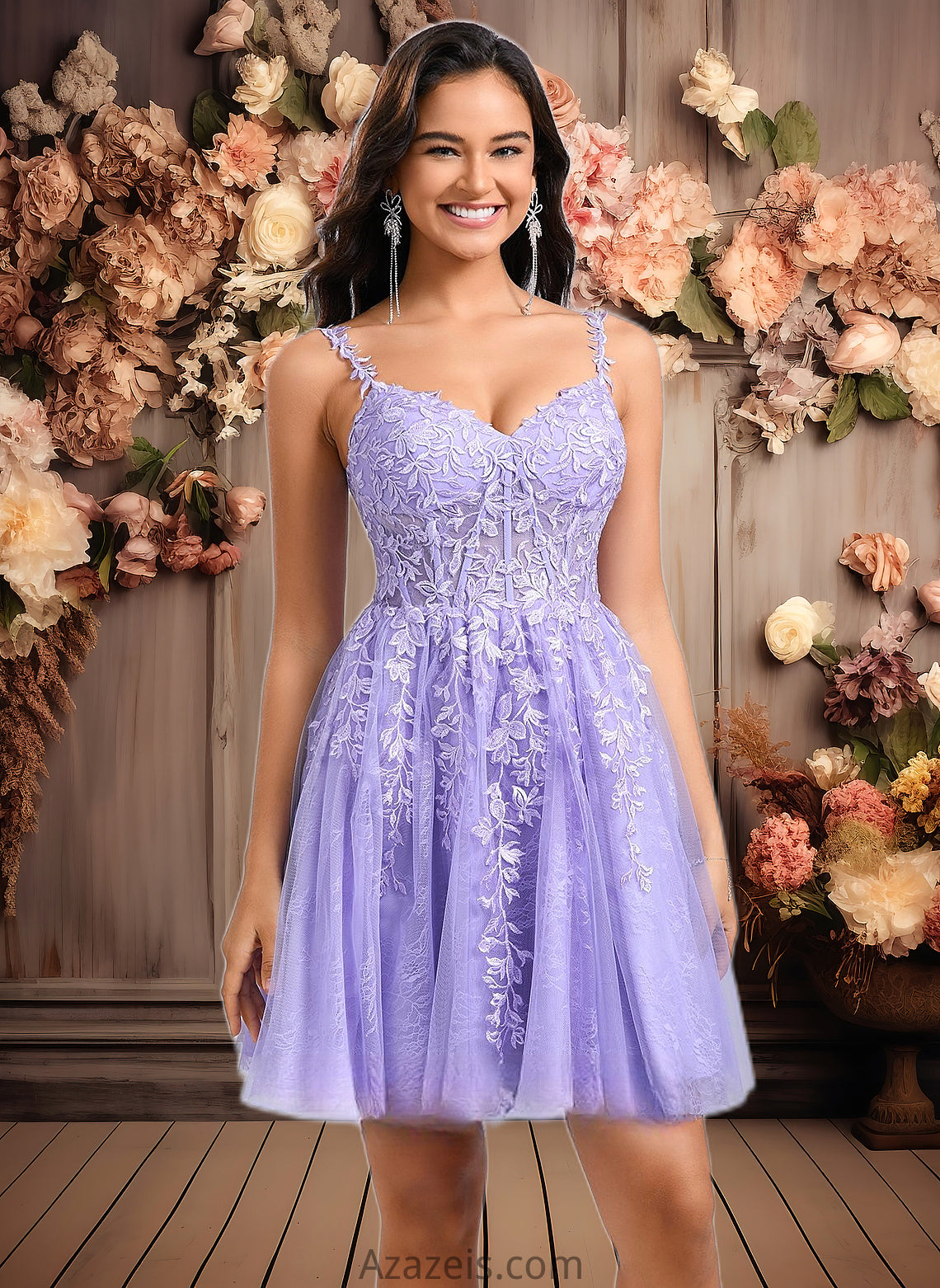 Elsa A-line V-Neck Short Tulle Lace Homecoming Dress DFP0025640